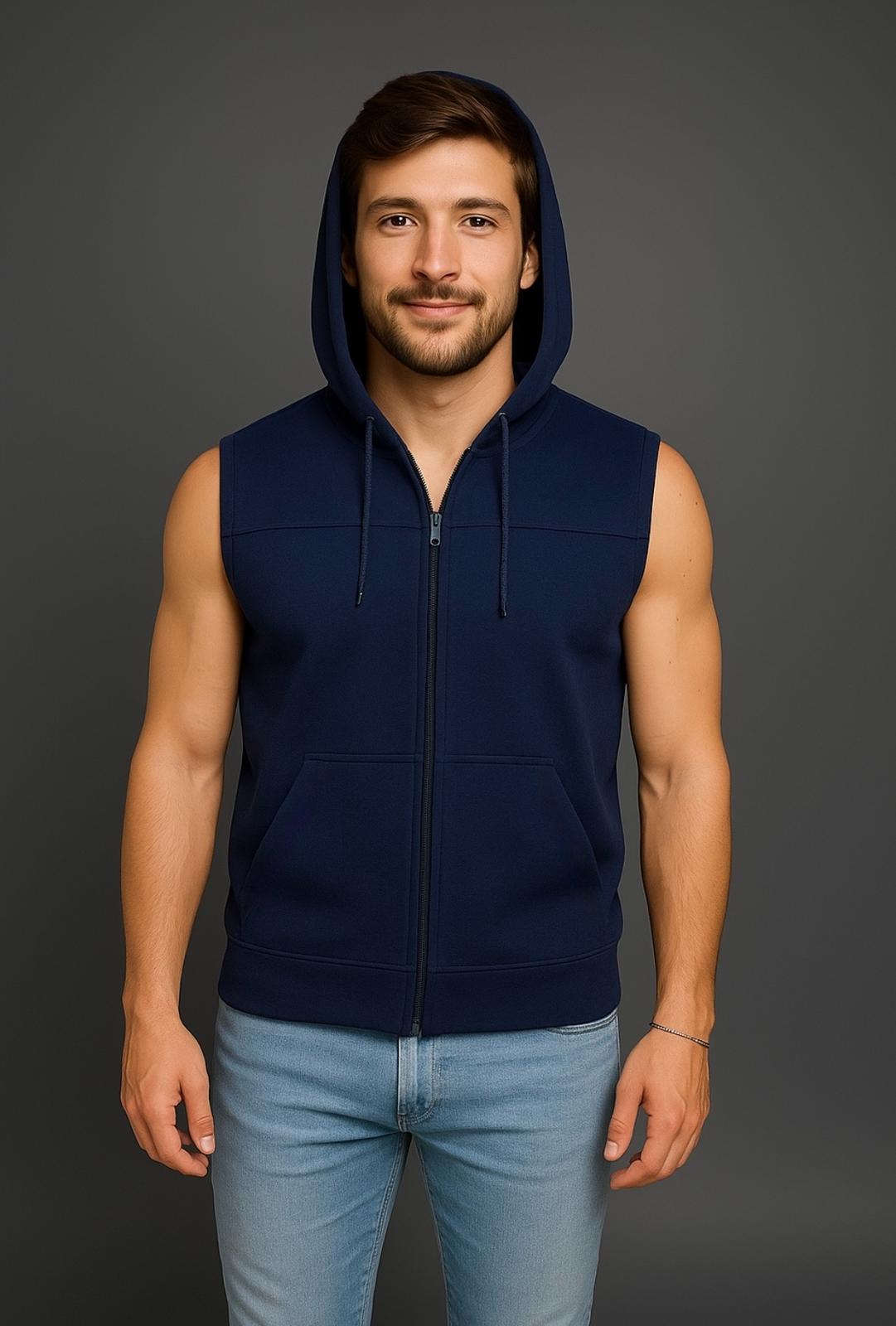 Erkek Fermuarlı Kapüşonlu Kanguru Cepli Kolsuz İnterlok Yelek-Y1142