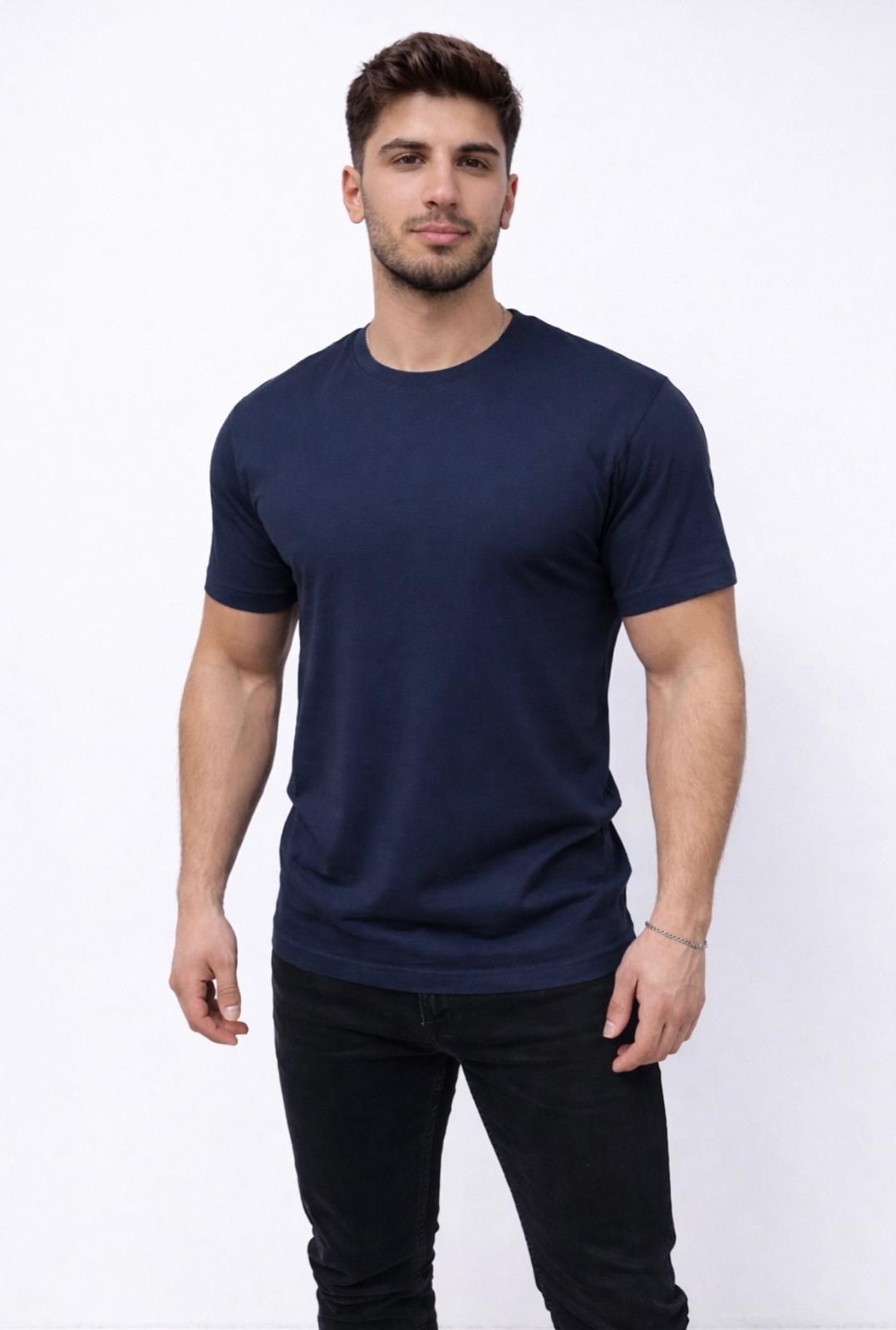 Erkek Mavi Kısa Kollu Bisiklet Yaka T-Shirt-D677