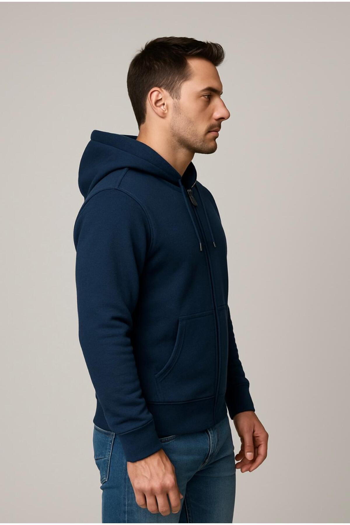 Erkek 2 İplik Fermuarlı Kapüşonlu Sweatshirt-W1084