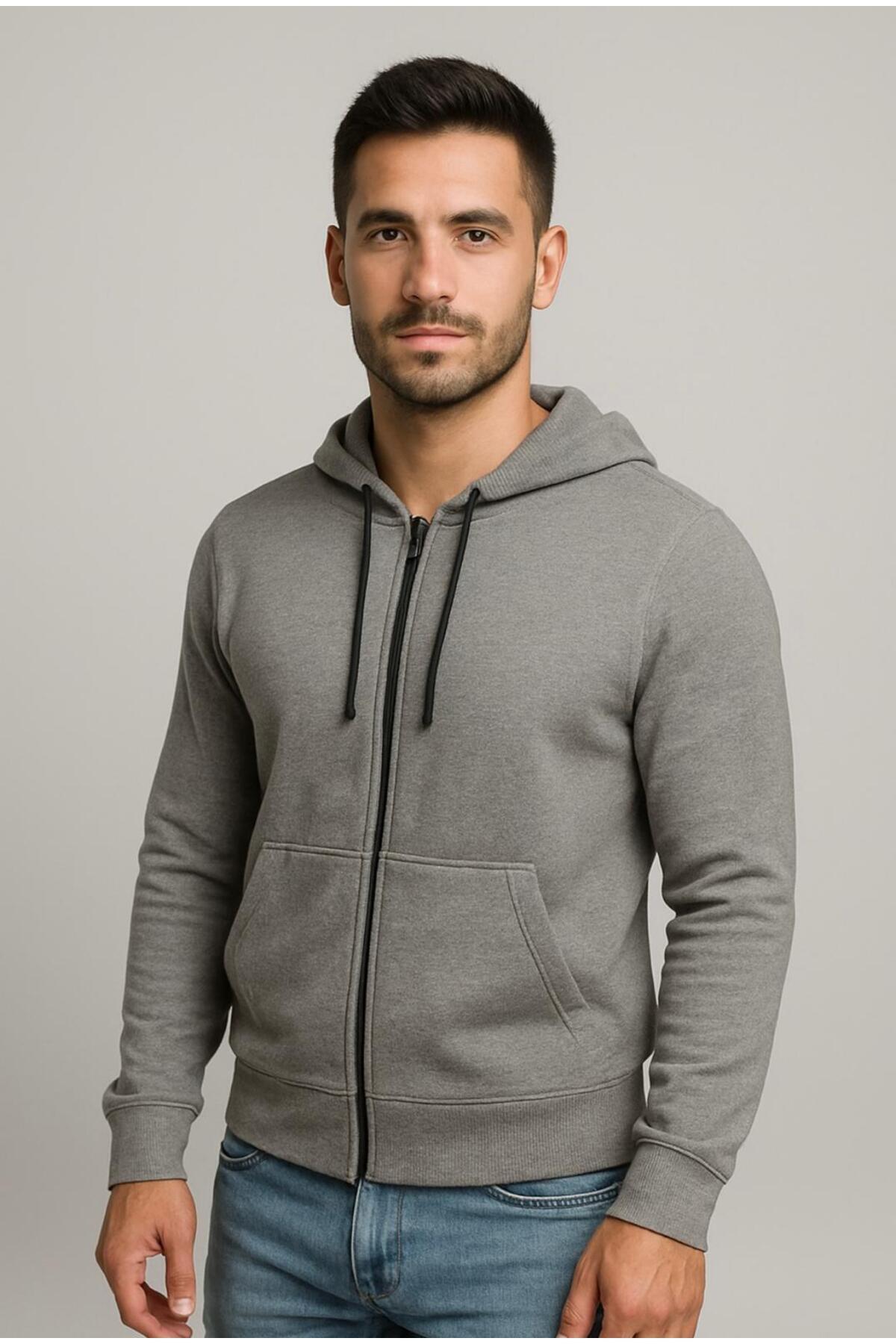 Erkek 2 İplik Fermuarlı Kapüşonlu Sweatshirt-W1084