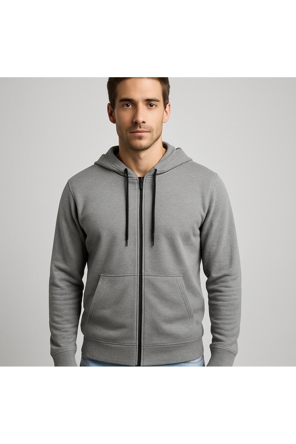 Erkek 2 İplik Fermuarlı Kapüşonlu Sweatshirt-W1084