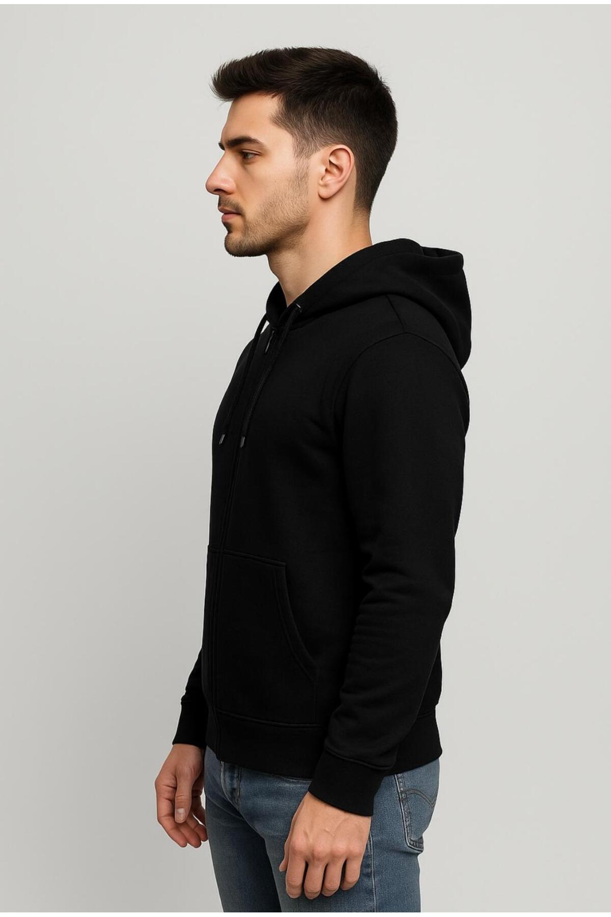 Erkek 2 İplik Fermuarlı Kapüşonlu Sweatshirt-W1084