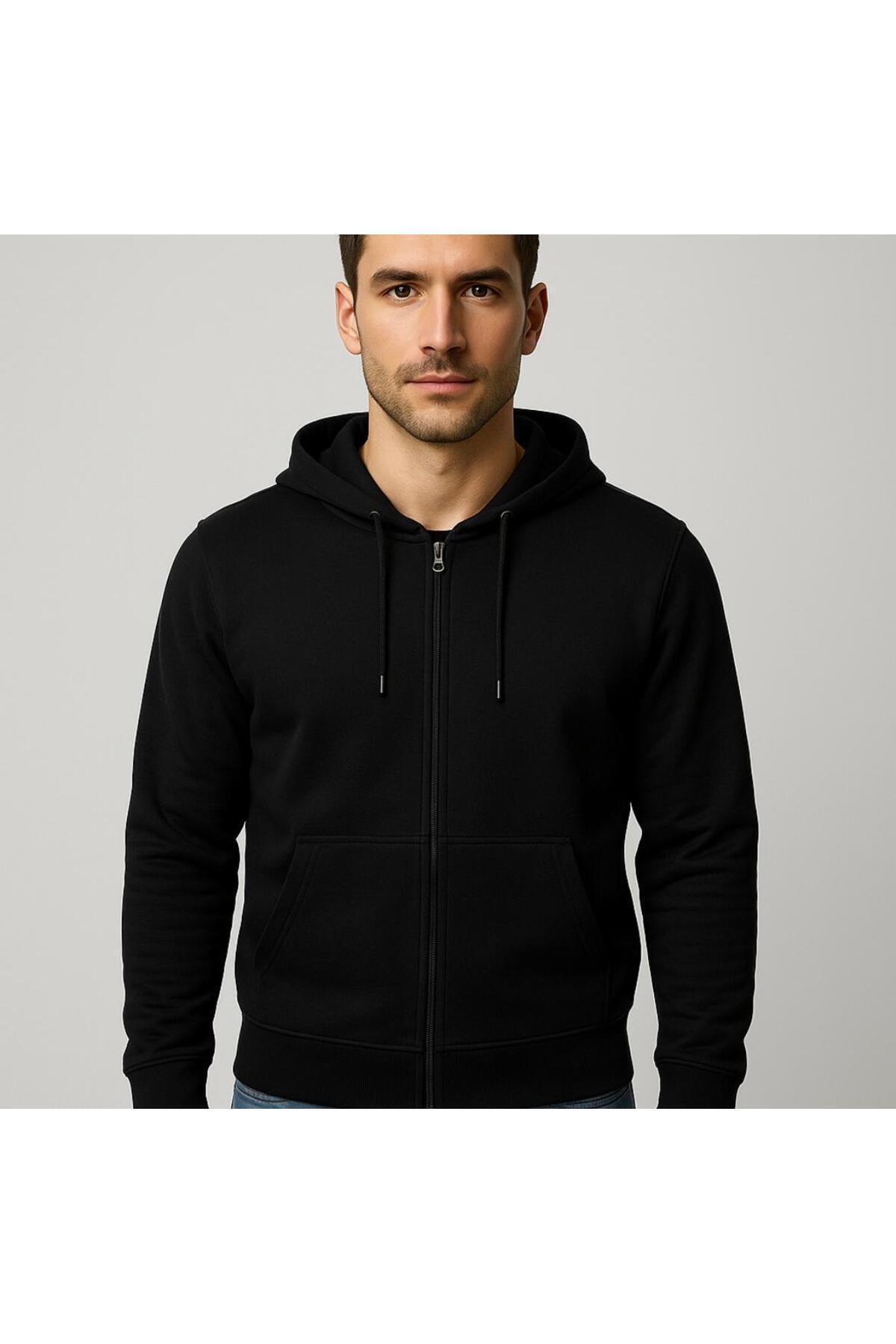 Erkek 2 İplik Fermuarlı Kapüşonlu Sweatshirt-W1084