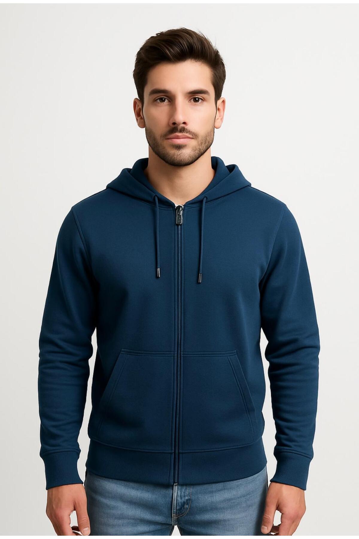 Erkek 2 İplik Fermuarlı Kapüşonlu Sweatshirt-W1084