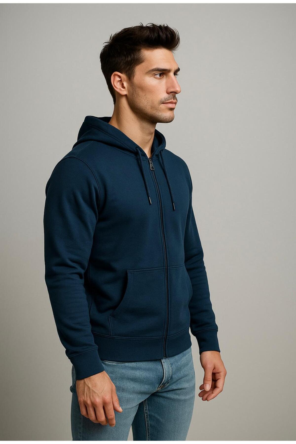 Erkek 2 İplik Fermuarlı Kapüşonlu Sweatshirt-W1084