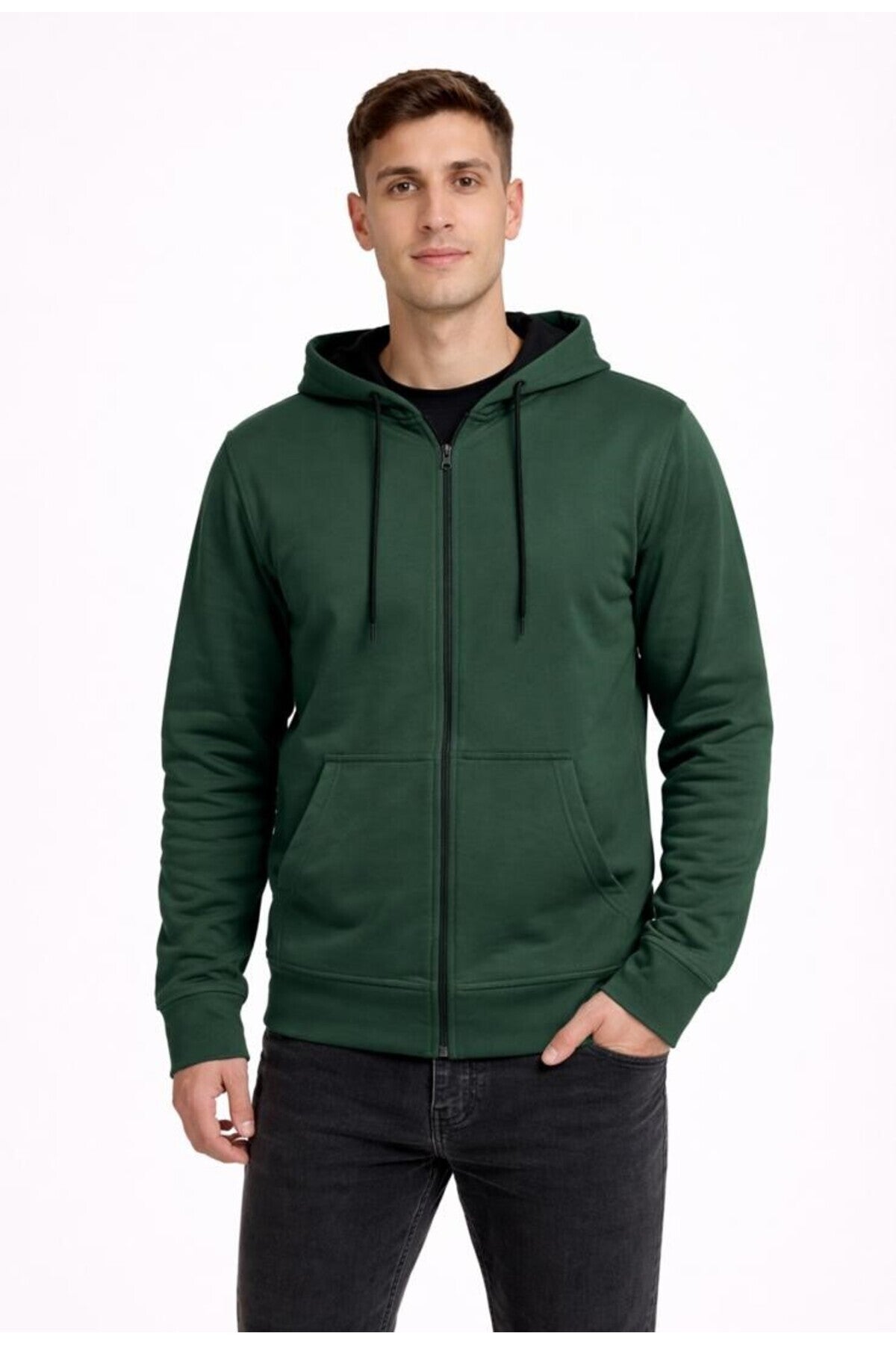 Erkek 2 İplik Fermuarlı Kapüşonlu Sweatshirt-W1084