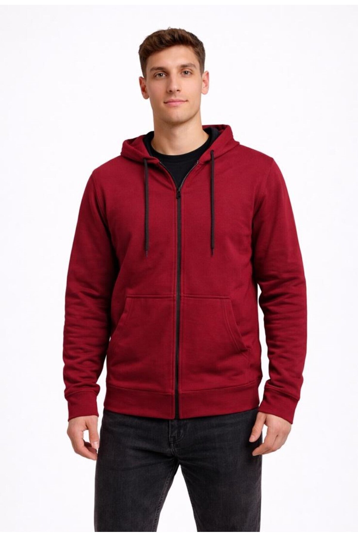 Erkek 2 İplik Fermuarlı Kapüşonlu Sweatshirt-W1084