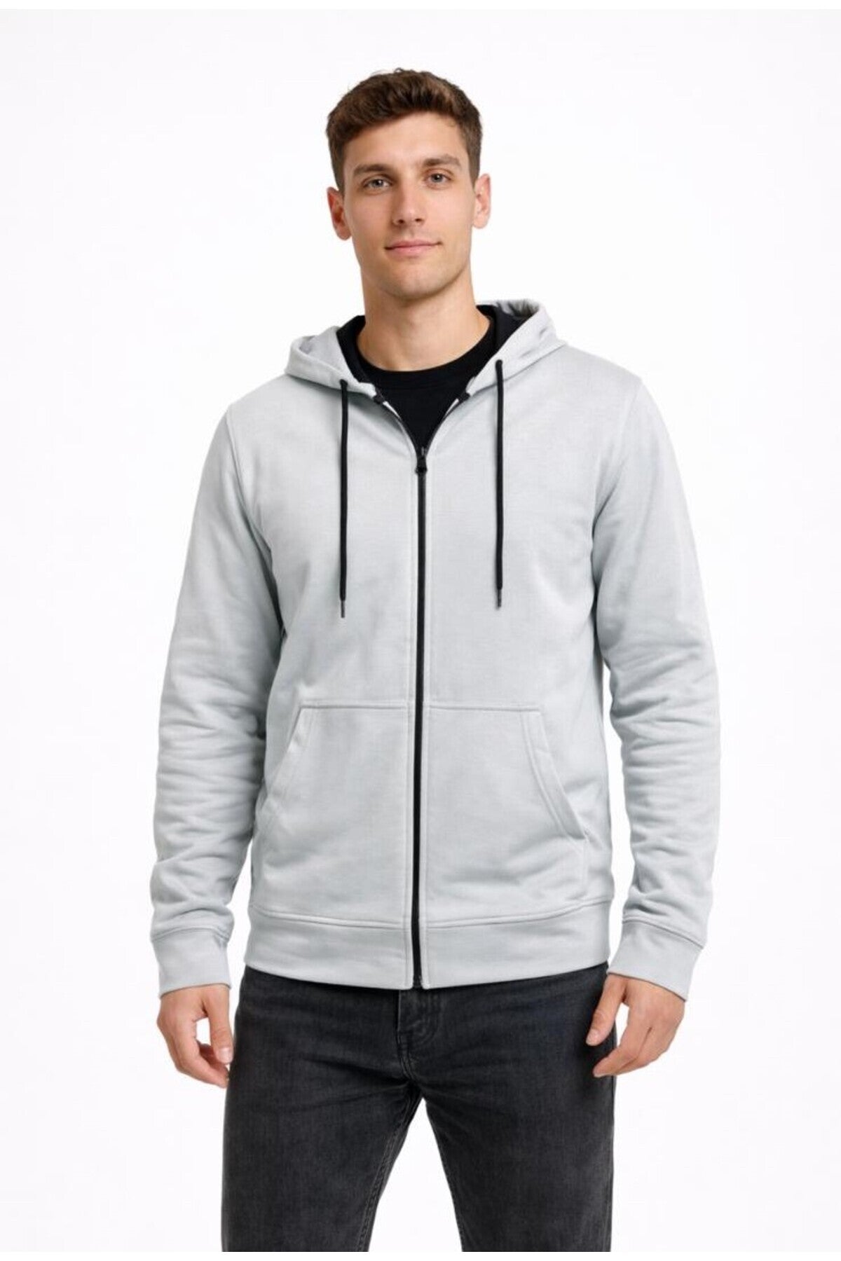 Erkek 2 İplik Fermuarlı Kapüşonlu Sweatshirt-W1084