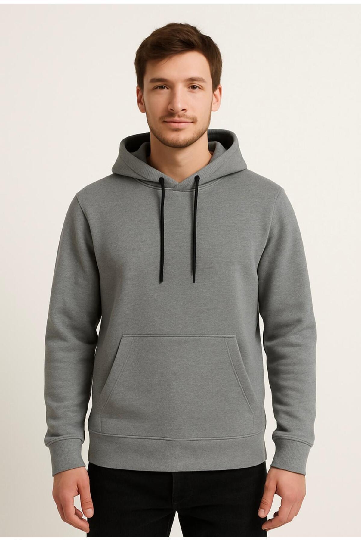 Erkek 3 İplik şardonlu Kapüşonlu Sweatshirt-W1108