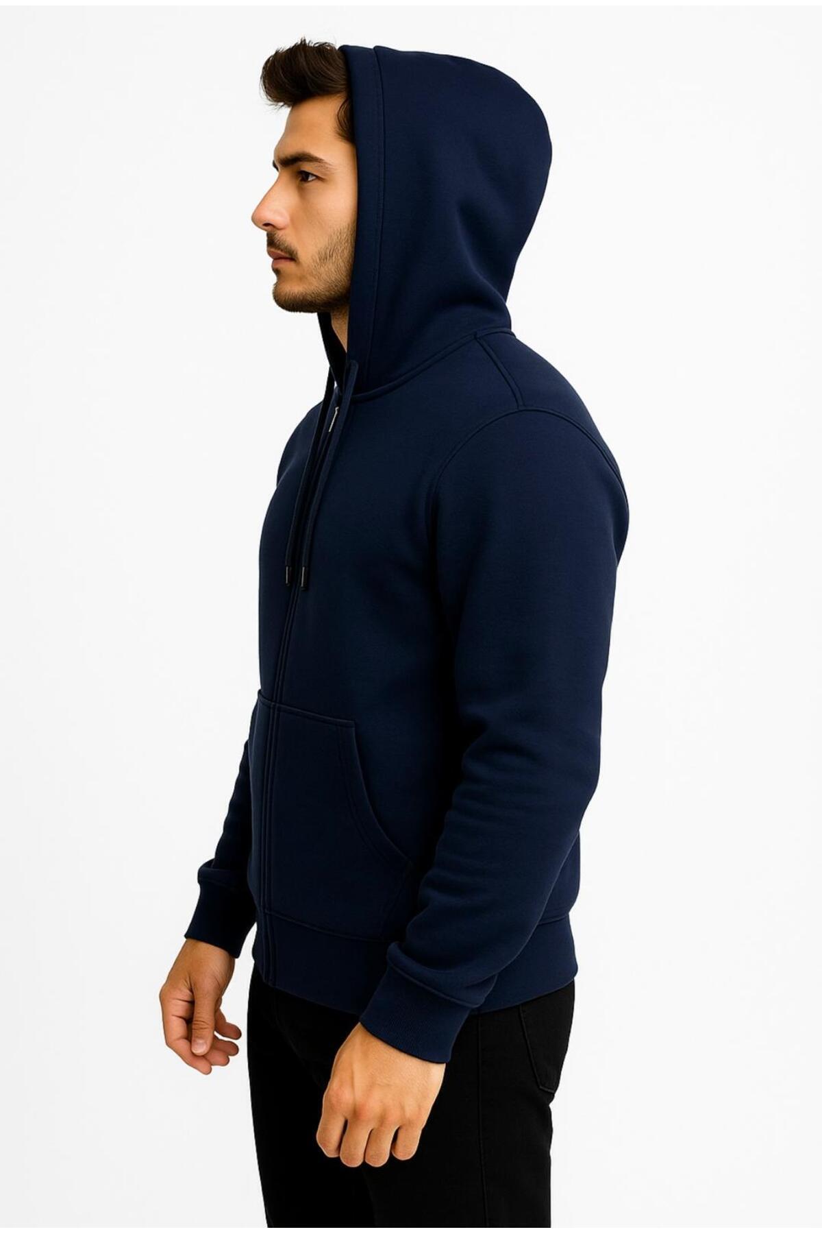 Erkek Fermuarlı Kapüşonlu Sweatshirt 3 İplik Şardonlu-W590