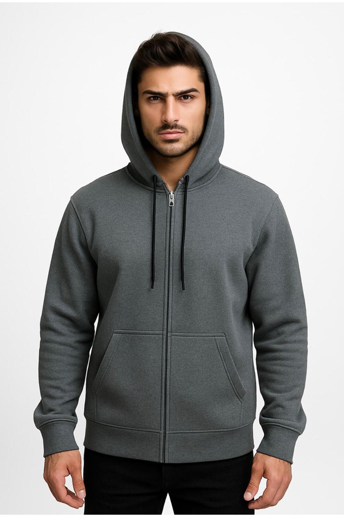 Erkek Fermuarlı Kapüşonlu Sweatshirt 3 İplik Şardonlu-W590