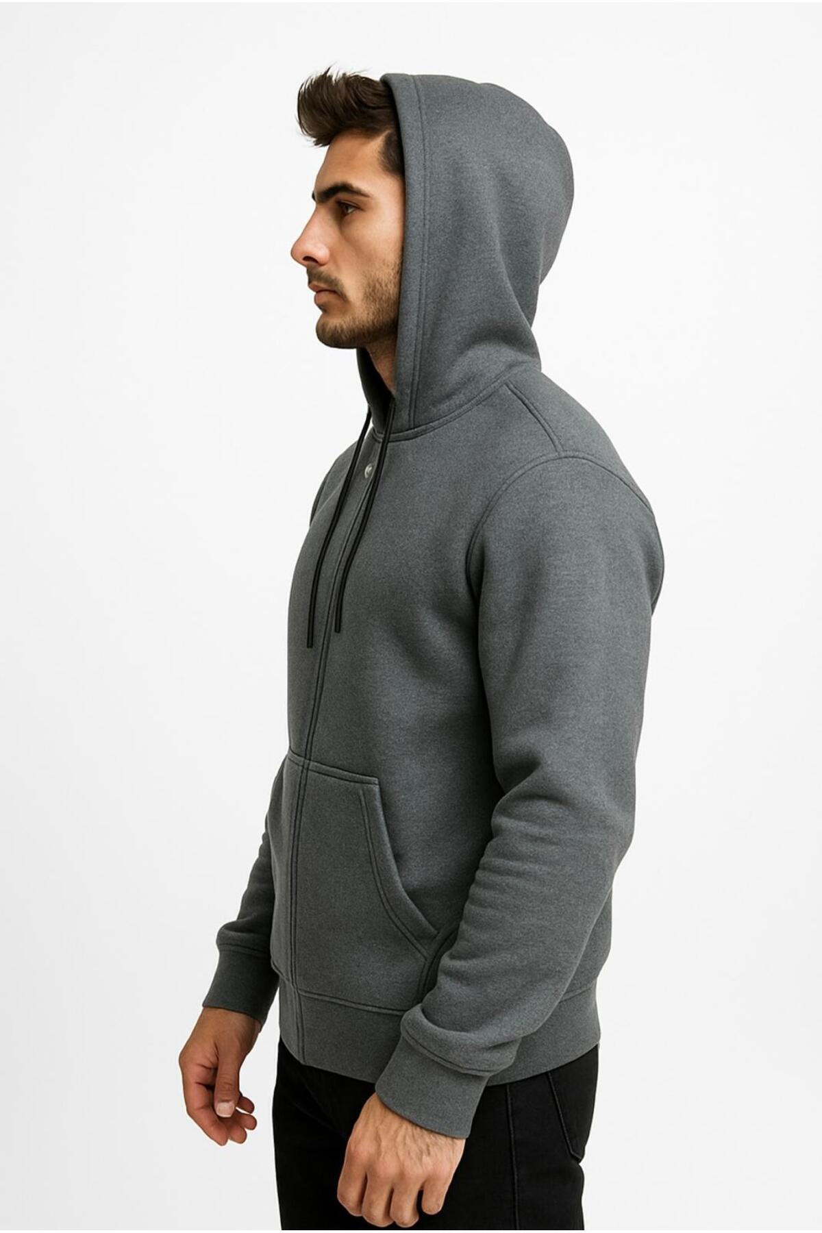 Erkek Fermuarlı Kapüşonlu Sweatshirt 3 İplik Şardonlu-W590