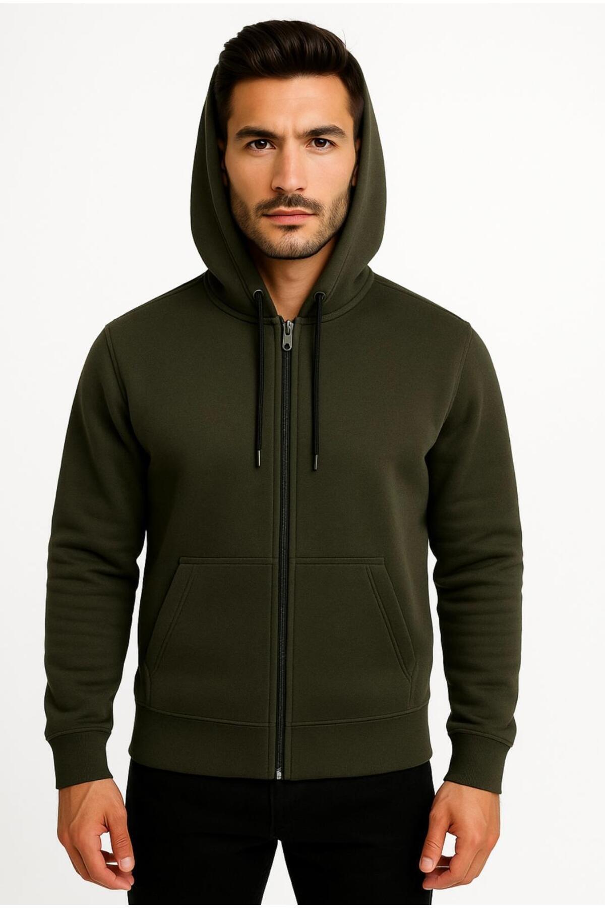 Erkek Fermuarlı Kapüşonlu Sweatshirt 3 İplik Şardonlu-W590