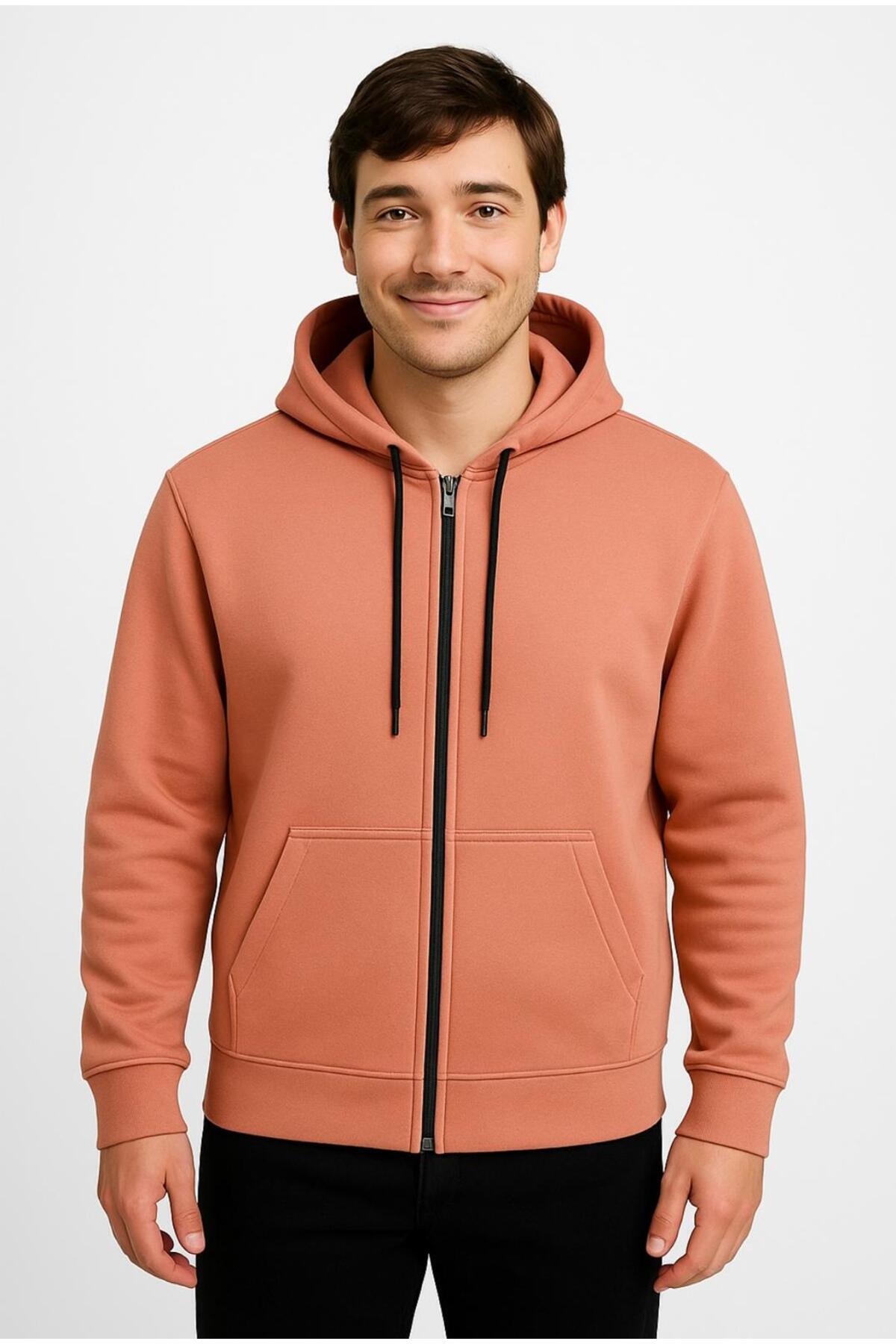 Erkek Fermuarlı Kapüşonlu Sweatshirt 3 İplik Şardonlu-W590