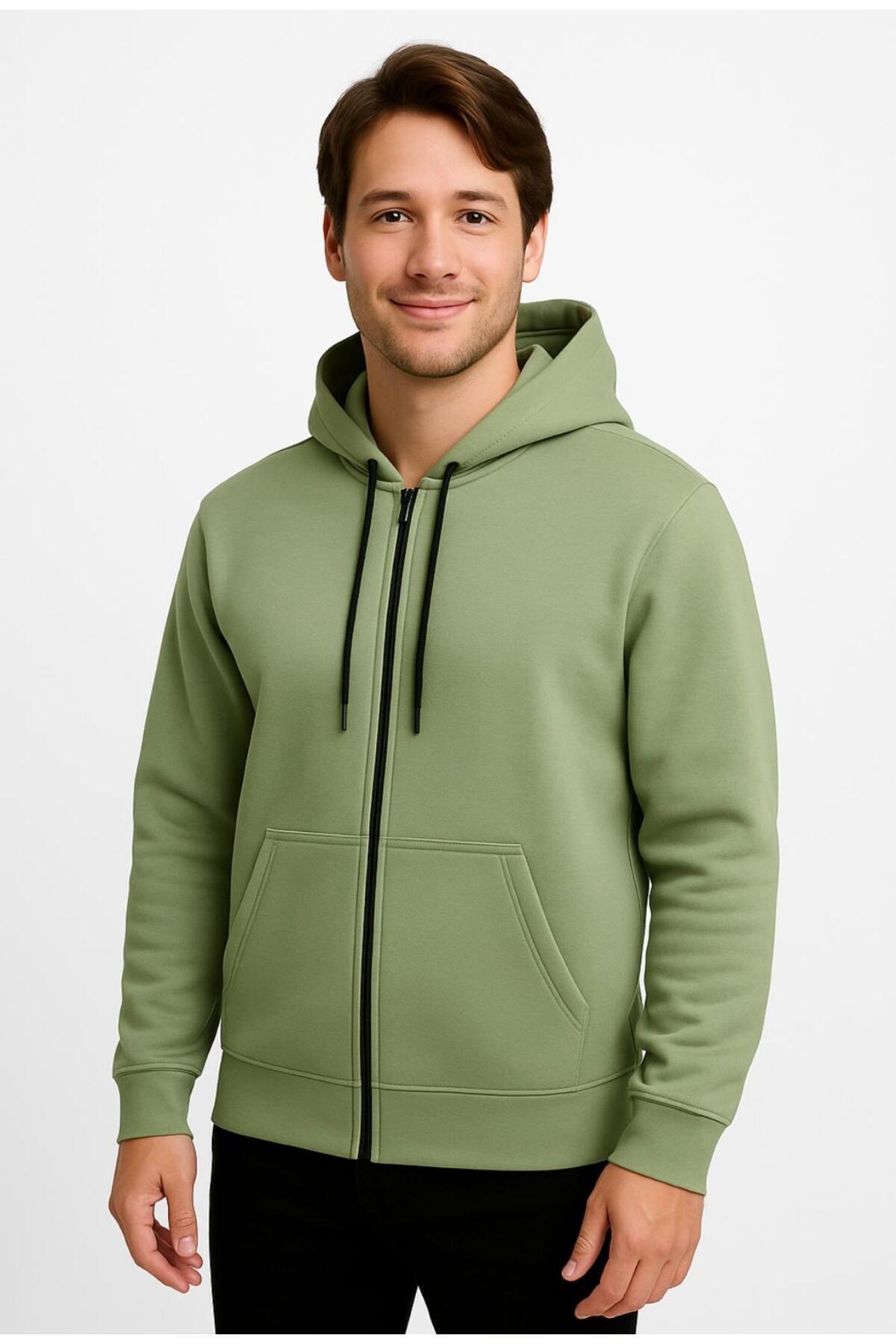 Erkek Fermuarlı Kapüşonlu Sweatshirt 3 İplik Şardonlu-W590