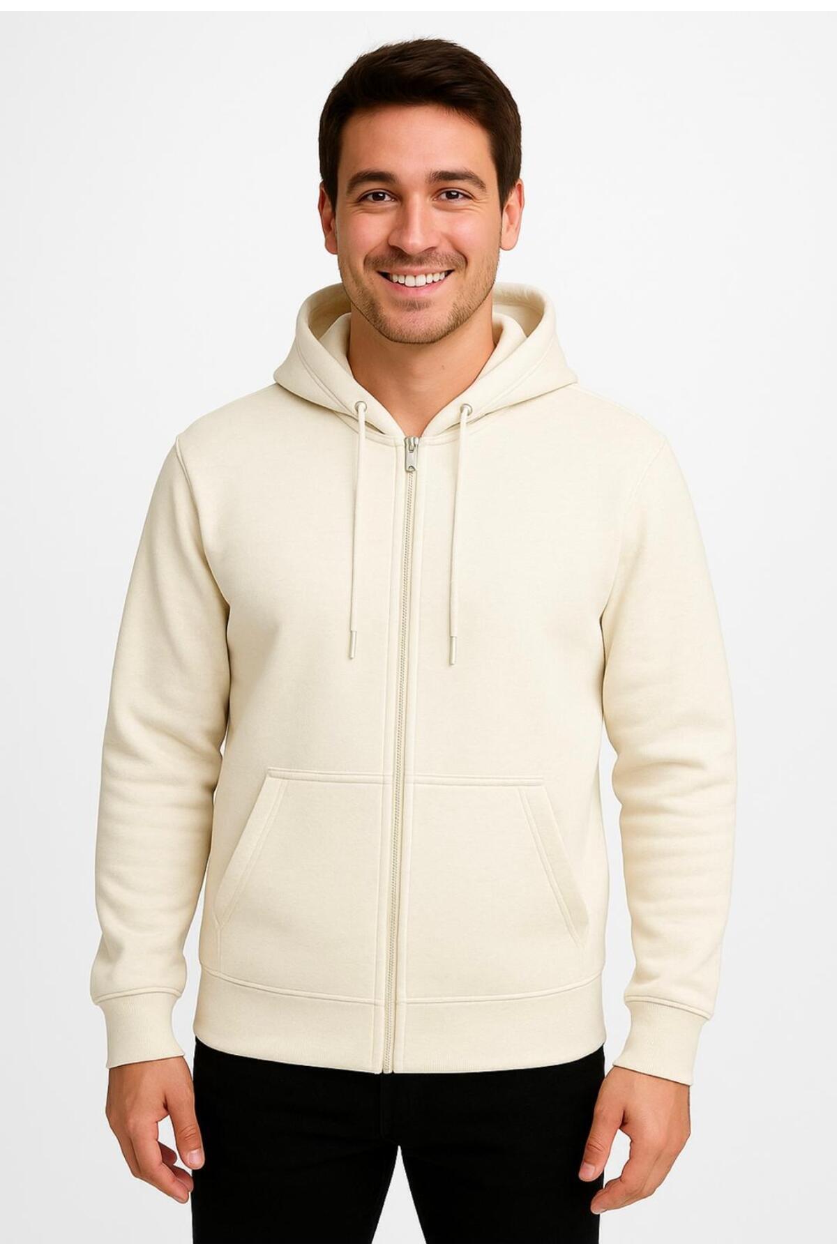 Erkek Fermuarlı Kapüşonlu Sweatshirt 3 İplik Şardonlu-W590
