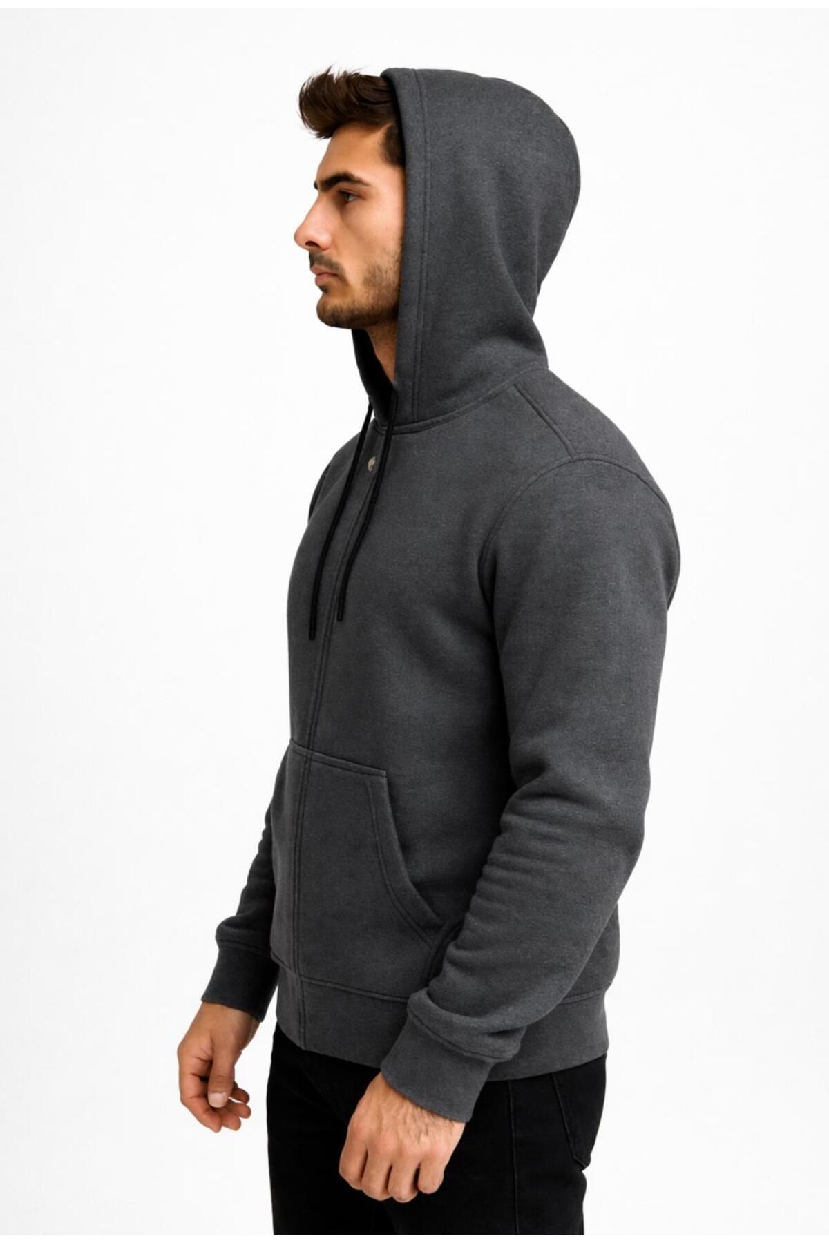 Erkek Fermuarlı Kapüşonlu Sweatshirt 3 İplik Şardonlu-W590