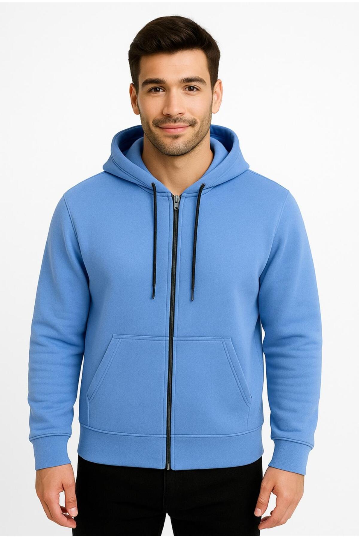 Erkek Fermuarlı Kapüşonlu Sweatshirt 3 İplik Şardonlu-W590-E