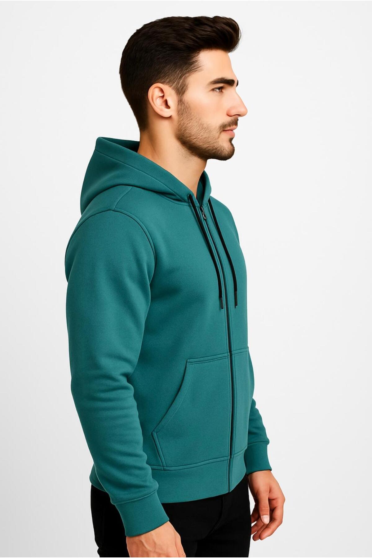 Erkek Fermuarlı Kapüşonlu Sweatshirt 3 İplik Şardonlu-W590-E
