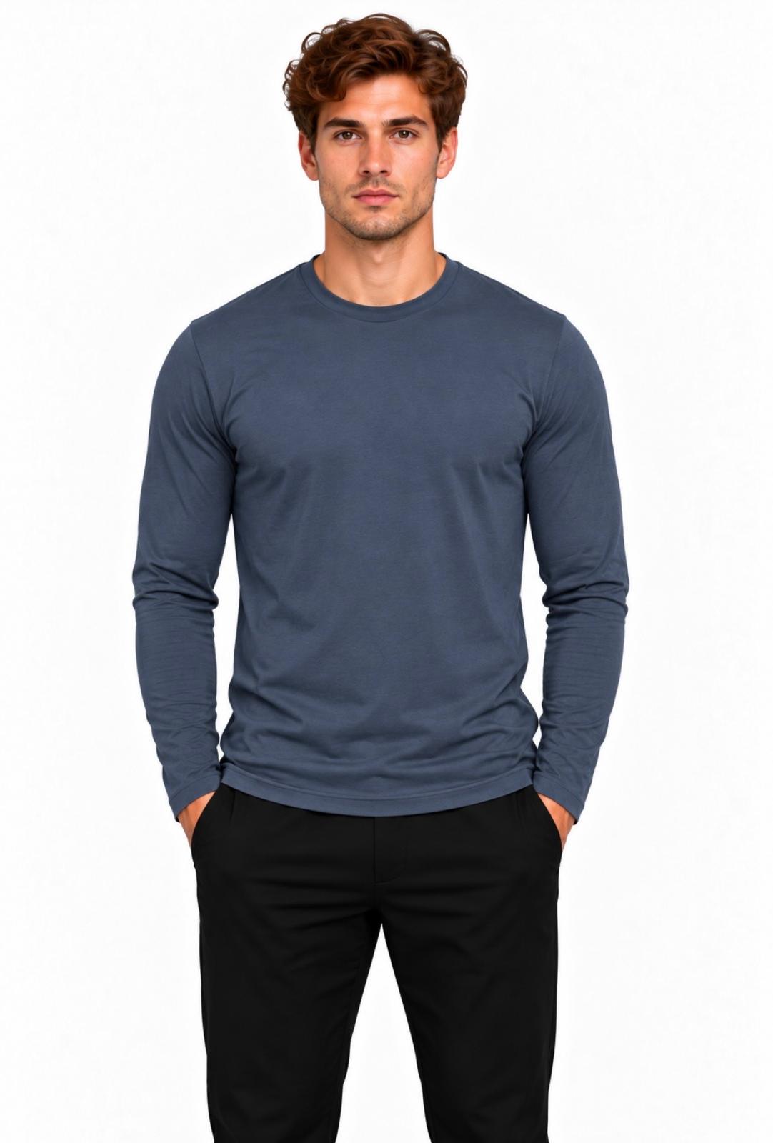 Erkek Pamuklu Bisiklet Yaka Uzun Kollu T-shirt-D4005