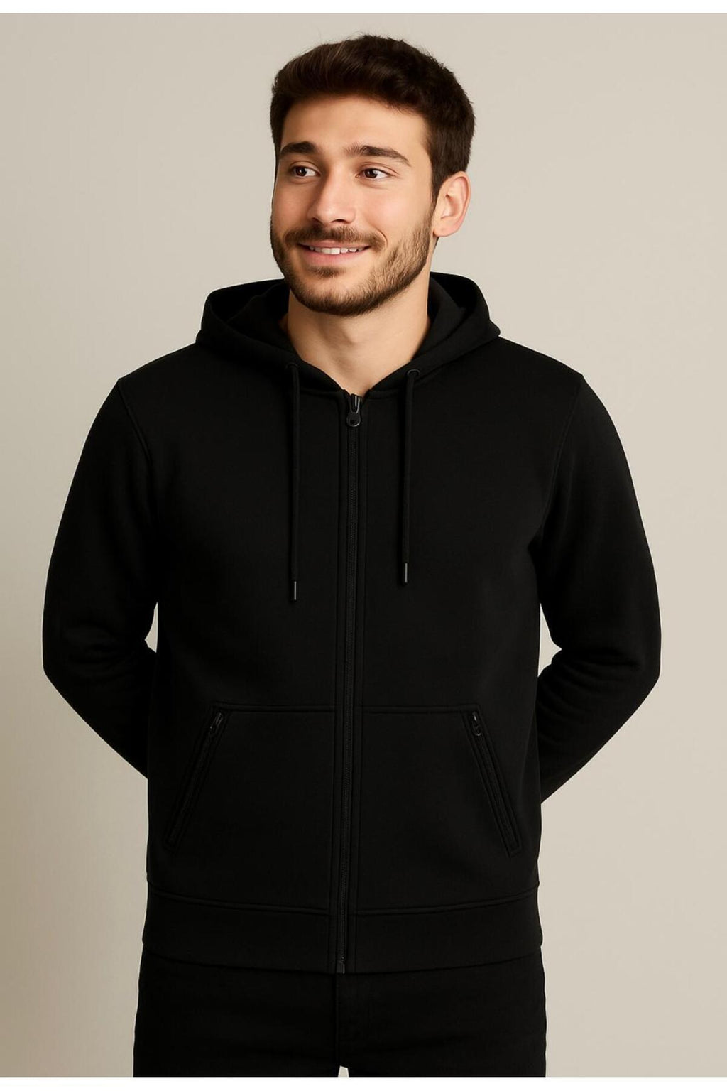 Erkek Fermuarlı 3 İplik Şardonsuz Kapüşonlu Sweatshirt-W1148