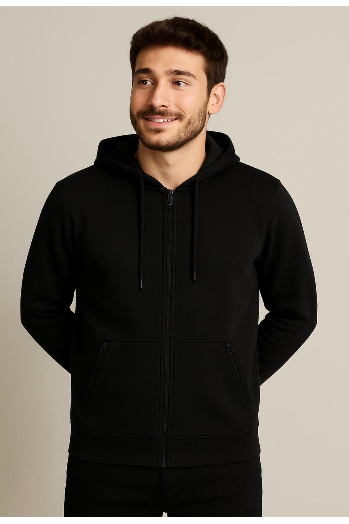 Erkek Fermuarlı 3 İplik Şardonsuz Kapüşonlu Sweatshirt-W1148