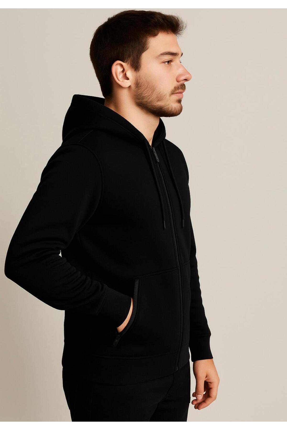 Erkek Fermuarlı 3 İplik Şardonsuz Kapüşonlu Sweatshirt-W1148