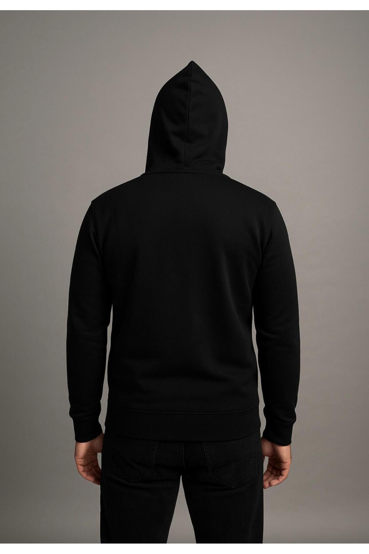 Erkek Fermuarlı 3 İplik Şardonsuz Kapüşonlu Sweatshirt-W1148