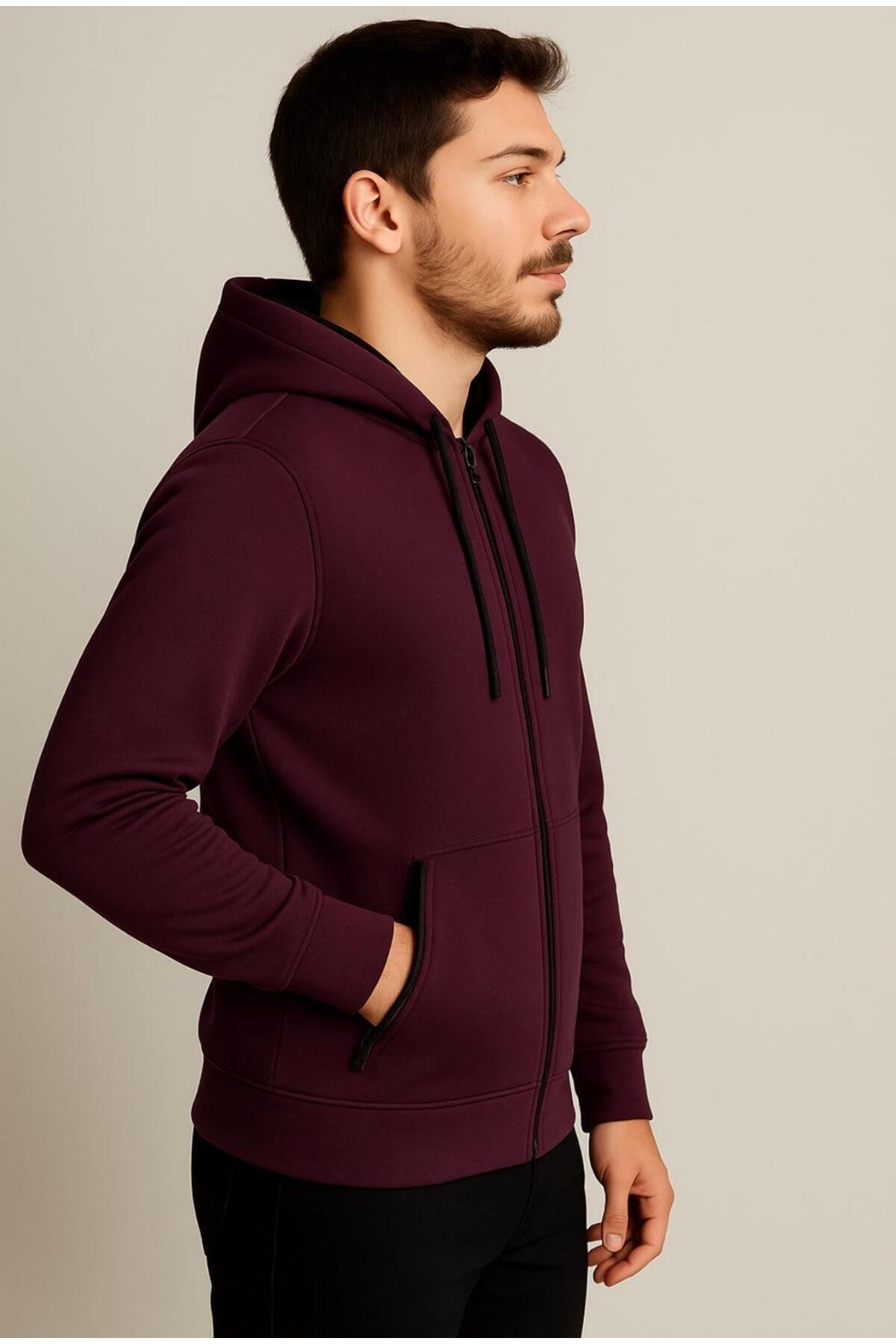 Erkek Fermuarlı 3 İplik Şardonsuz Kapüşonlu Sweatshirt-W1148