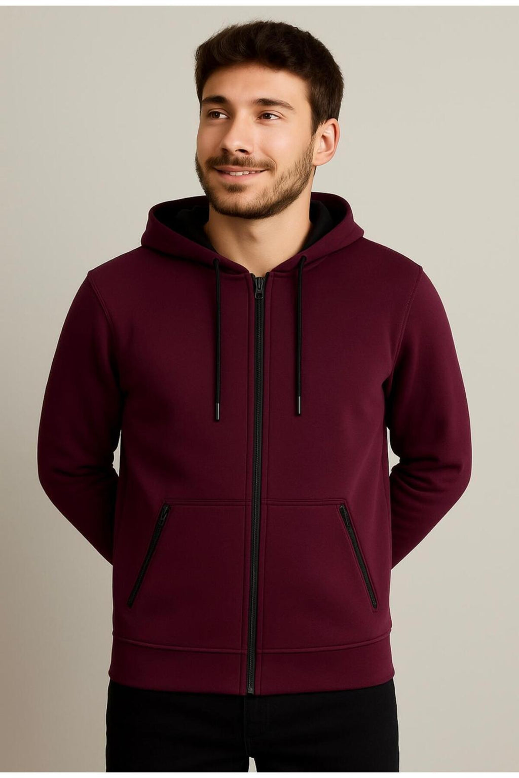 Erkek Fermuarlı 3 İplik Şardonsuz Kapüşonlu Sweatshirt-W1148