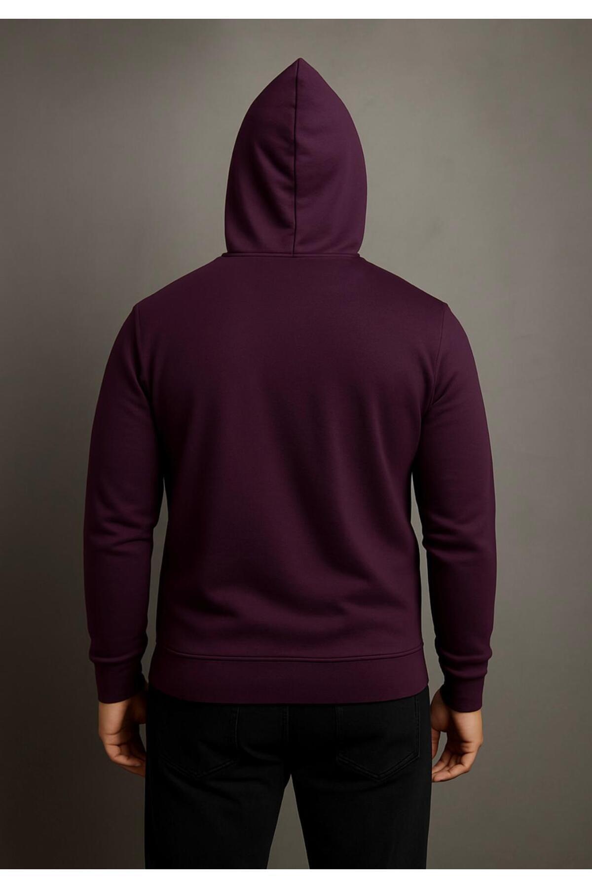Erkek Fermuarlı 3 İplik Şardonsuz Kapüşonlu Sweatshirt-W1148