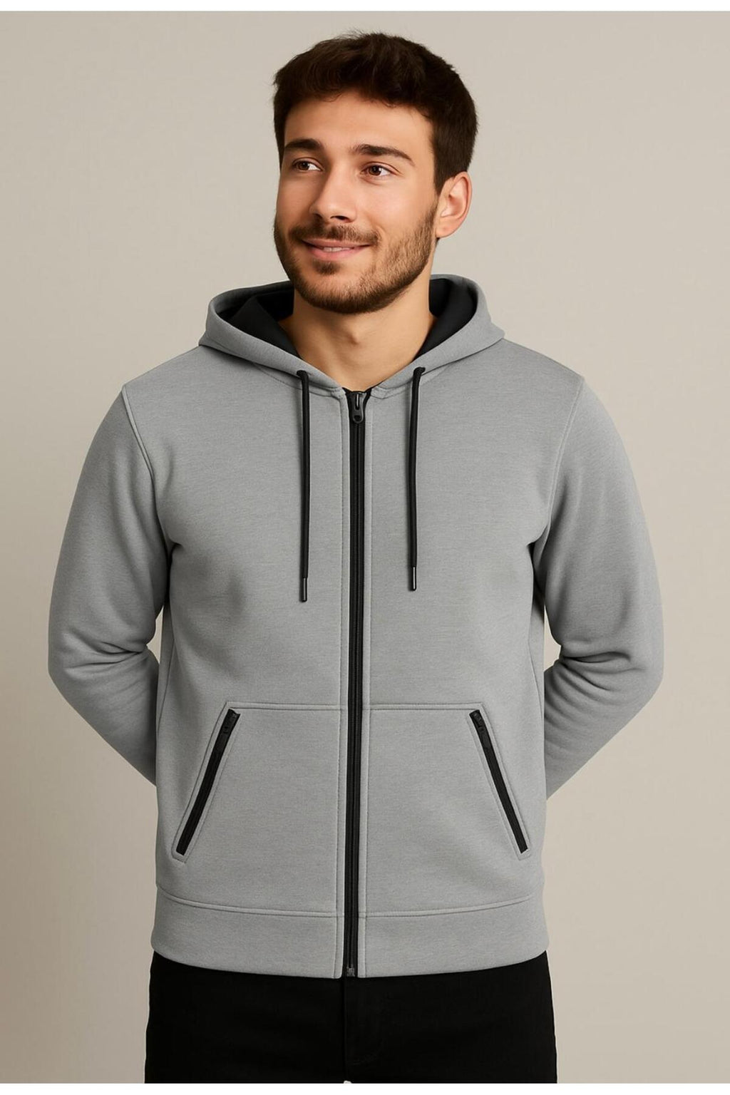 Erkek Fermuarlı 3 İplik Şardonsuz Kapüşonlu Sweatshirt-W1148