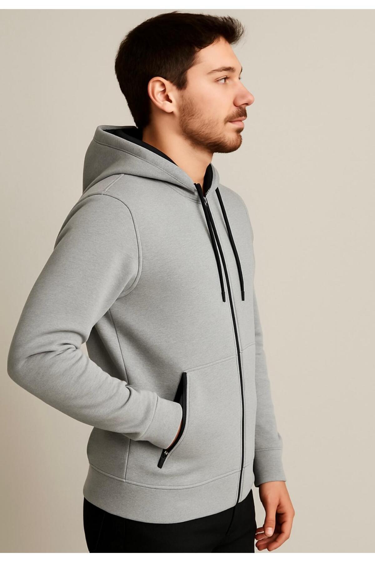 Erkek Fermuarlı 3 İplik Şardonsuz Kapüşonlu Sweatshirt-W1148