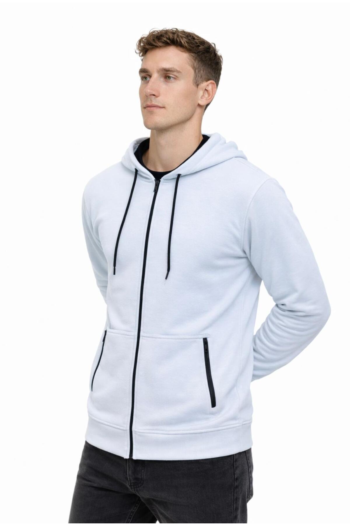 Erkek Fermuarlı 3 İplik Şardonsuz Kapüşonlu Sweatshirt-W1148