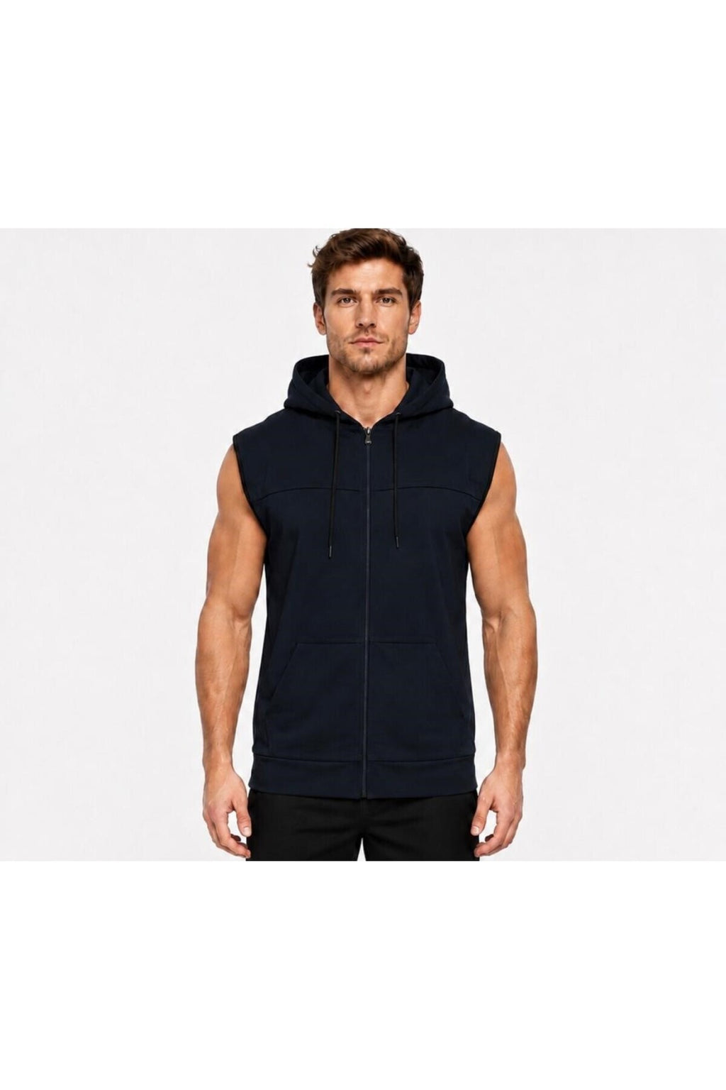 Erkek Fermuarlı Kapüşonlu Kanguru Cepli Kolsuz İnterlok Yelek-Y1142
