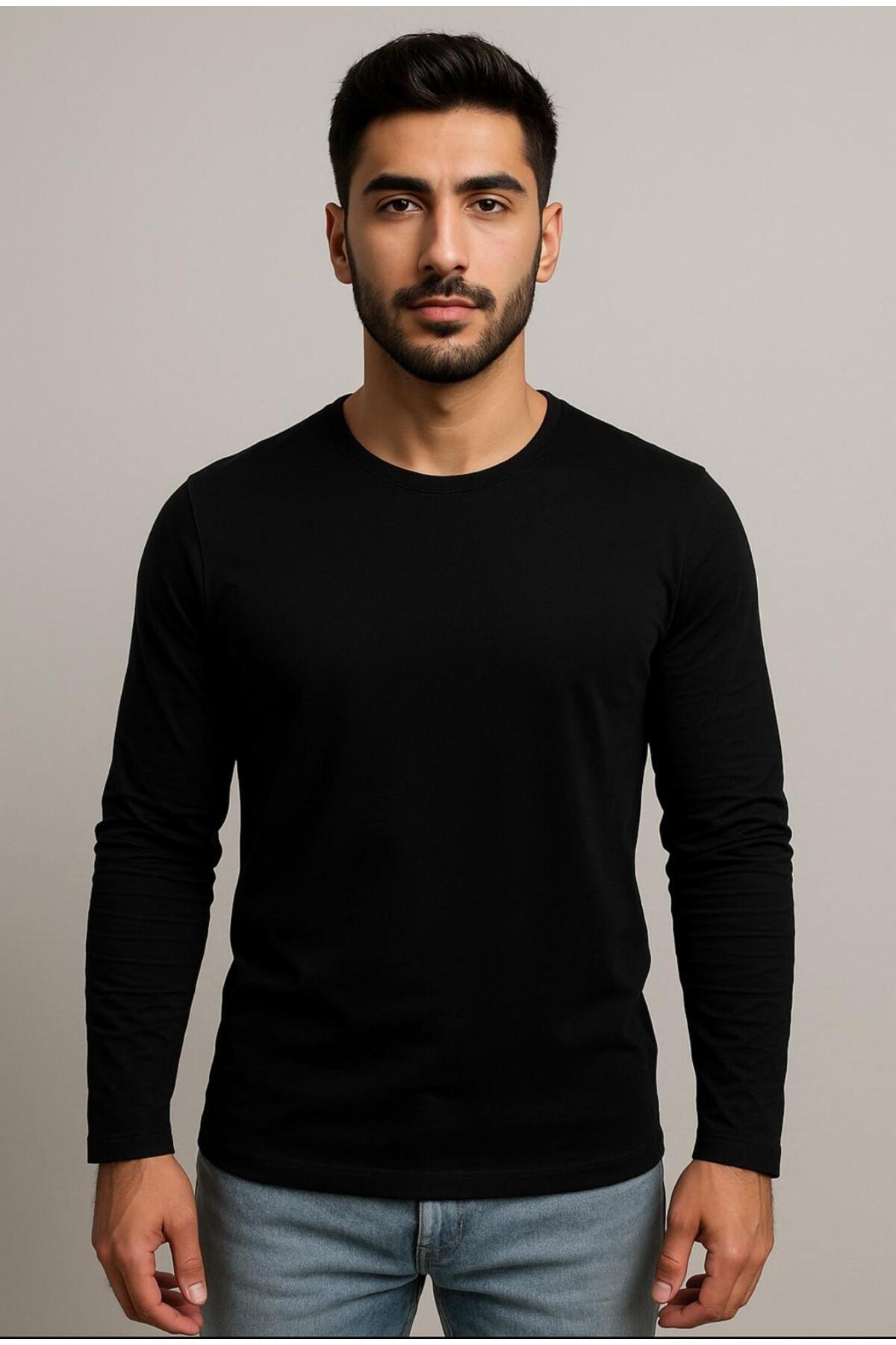 Erkek Pamuklu Likralı Süprem Uzun Kollu T-shirt-D240