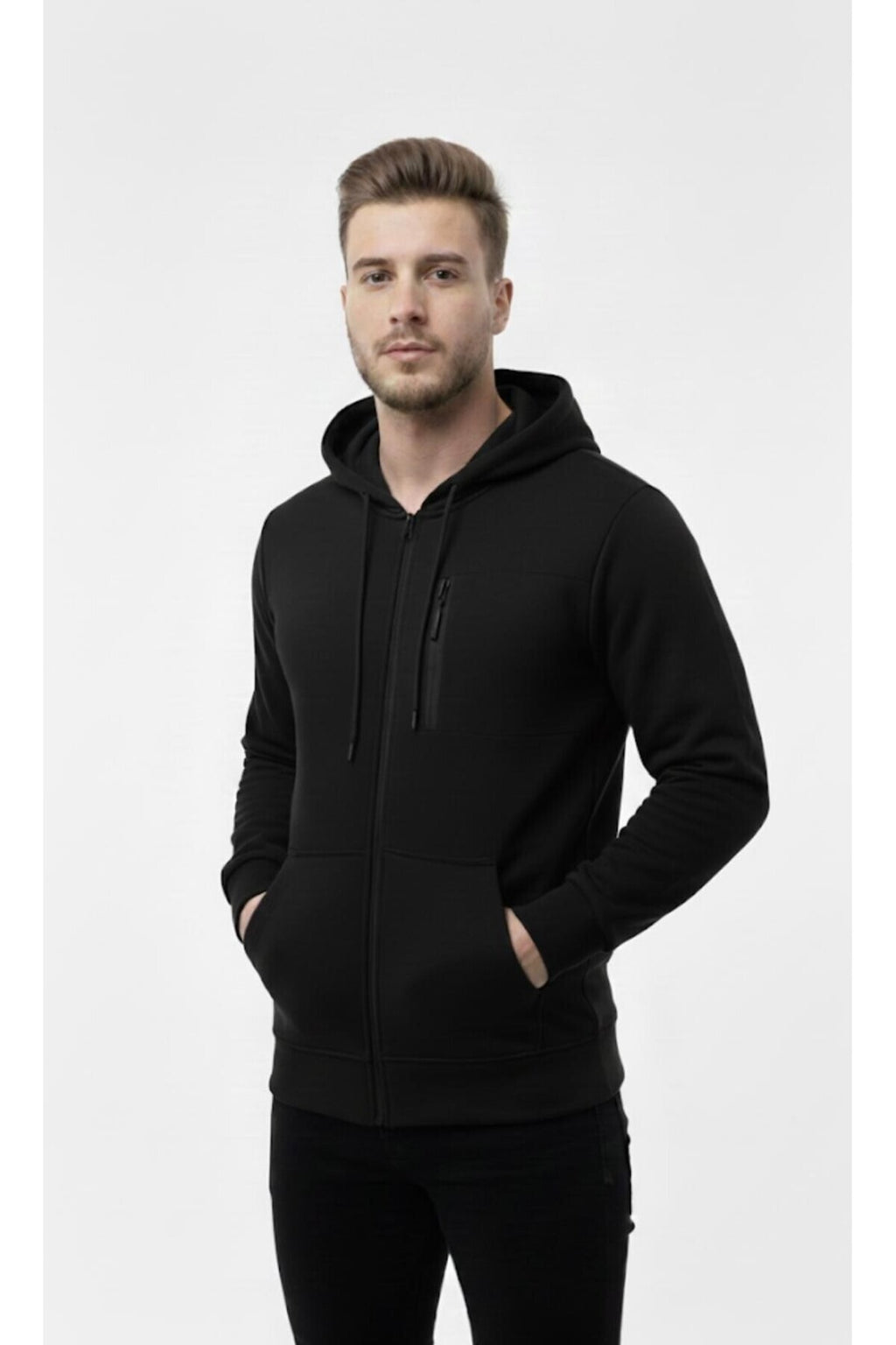 Erkek Polar Fermuarlı Kapüşonlu Sweatshirt-W1157