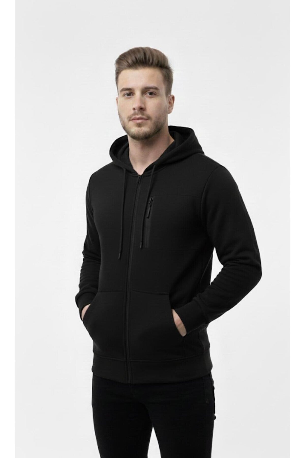 Erkek Polar Fermuarlı Kapüşonlu Sweatshirt-W1157