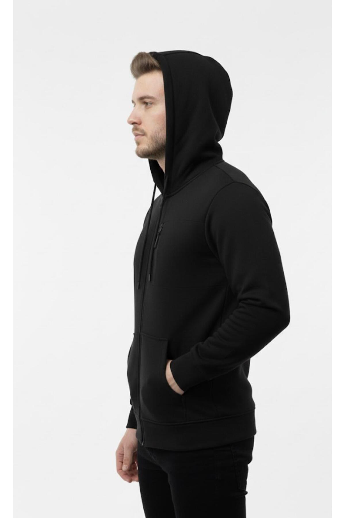 Erkek Polar Fermuarlı Kapüşonlu Sweatshirt-W1157