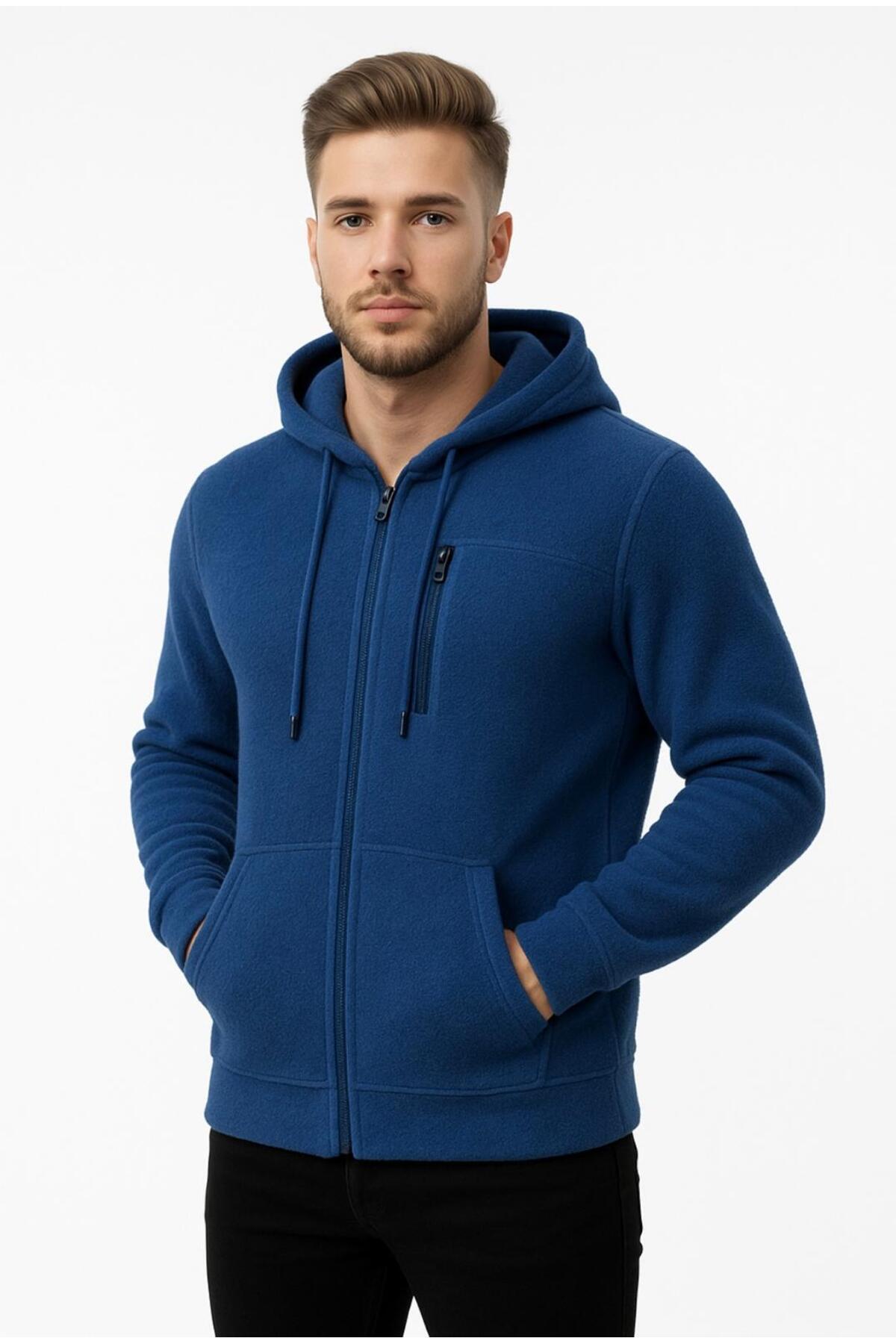Erkek Polar Fermuarlı Kapüşonlu Sweatshirt-W1157
