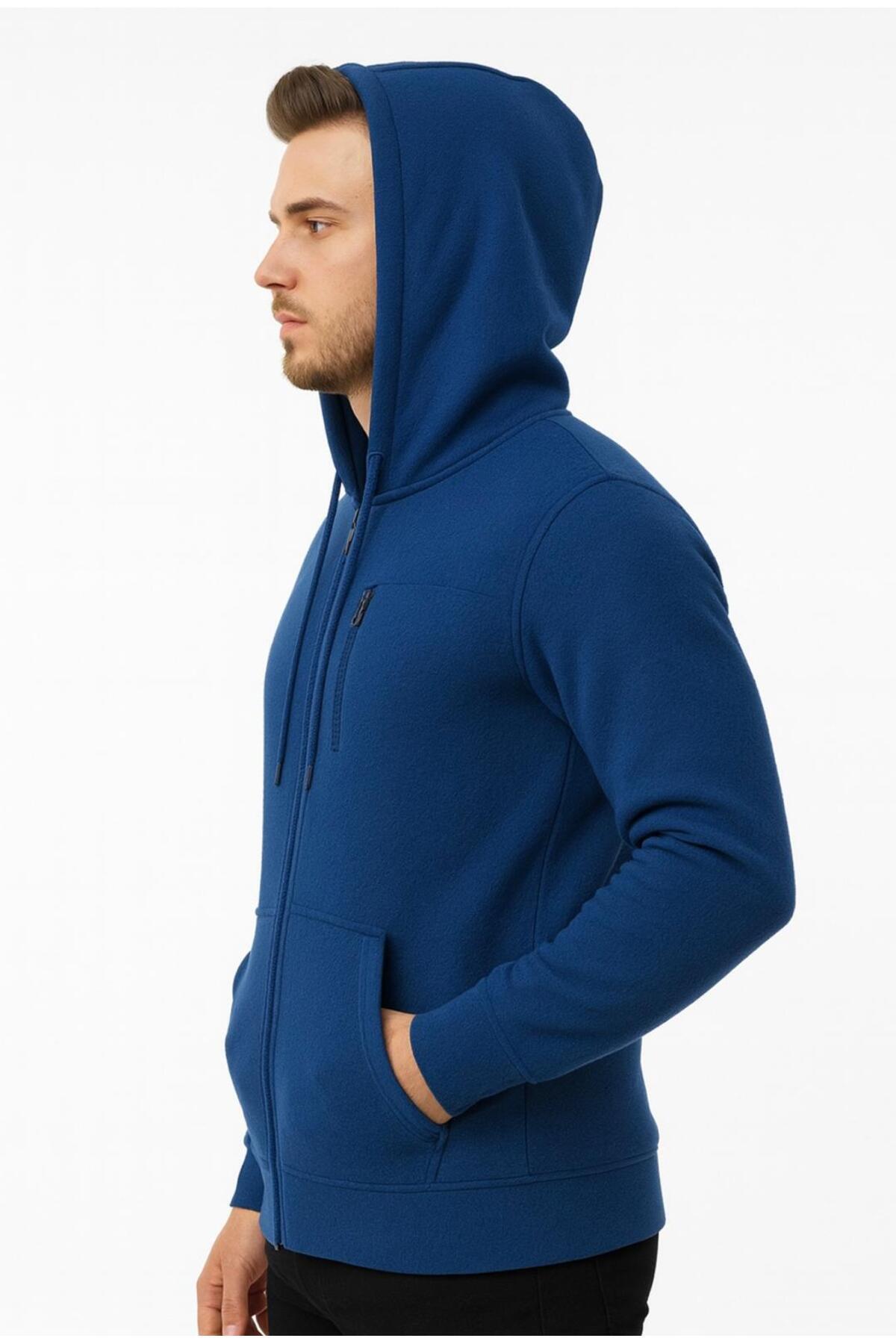 Erkek Polar Fermuarlı Kapüşonlu Sweatshirt-W1157