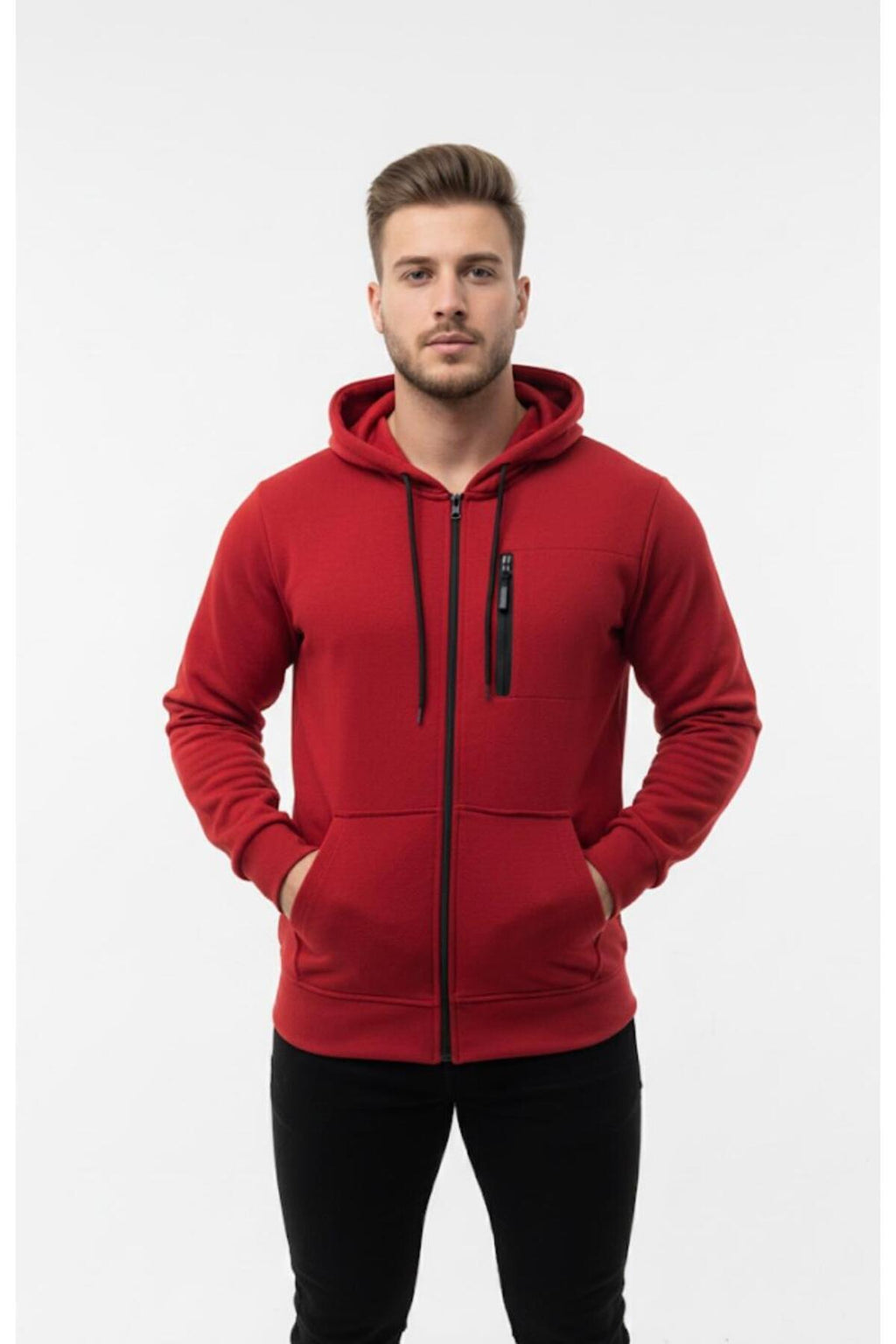 Erkek Polar Fermuarlı Kapüşonlu Sweatshirt-W1157