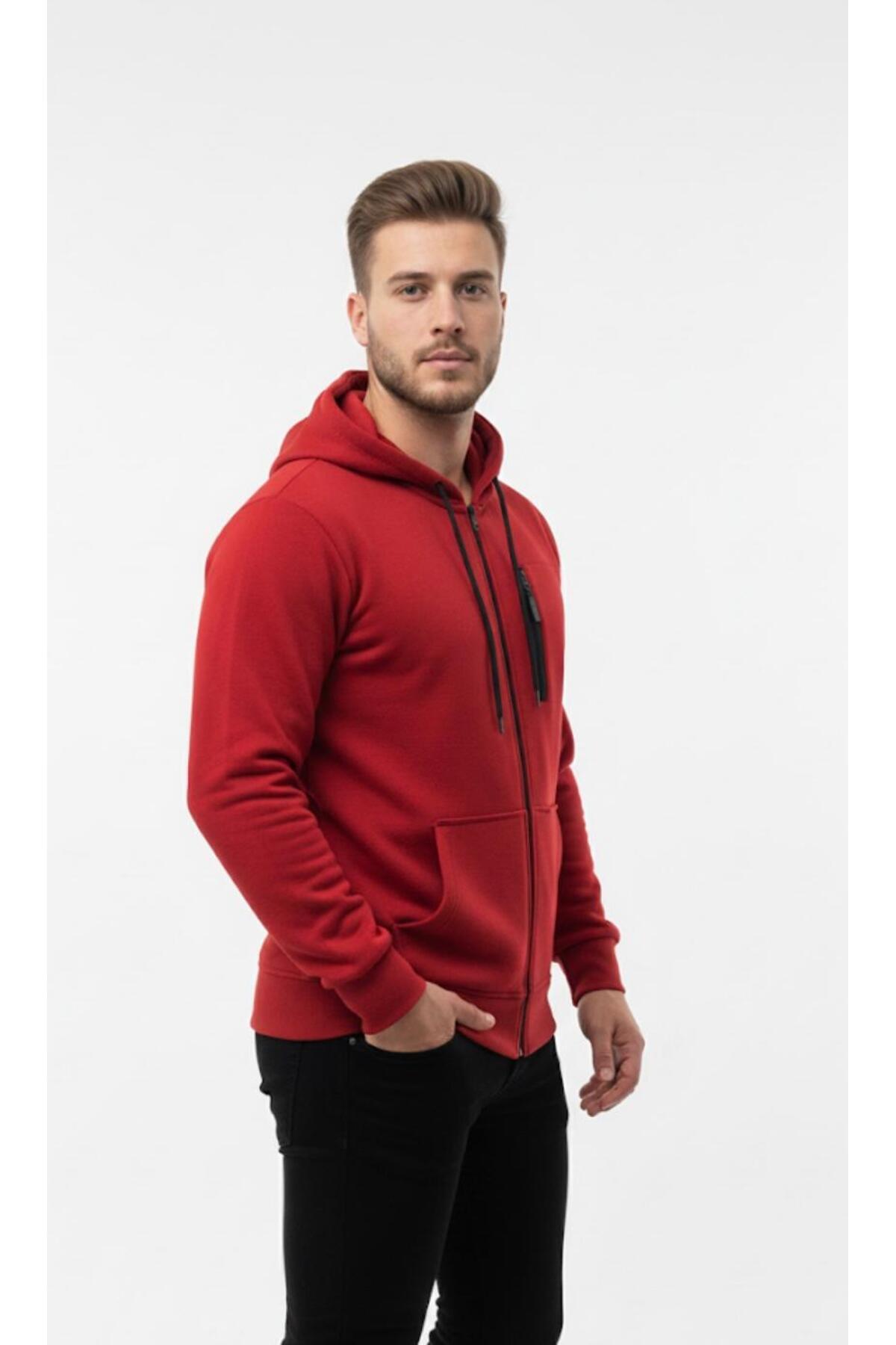 Erkek Polar Fermuarlı Kapüşonlu Sweatshirt-W1157