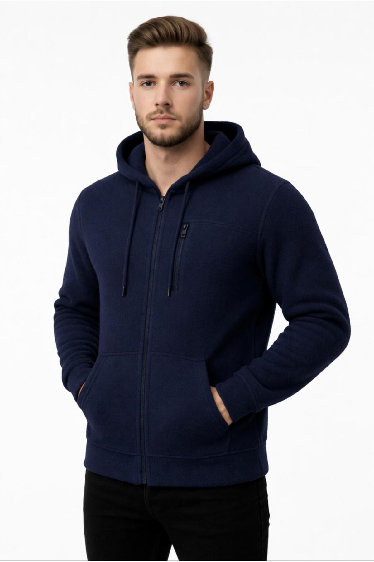Erkek Polar Fermuarlı Kapüşonlu Sweatshirt-W1157