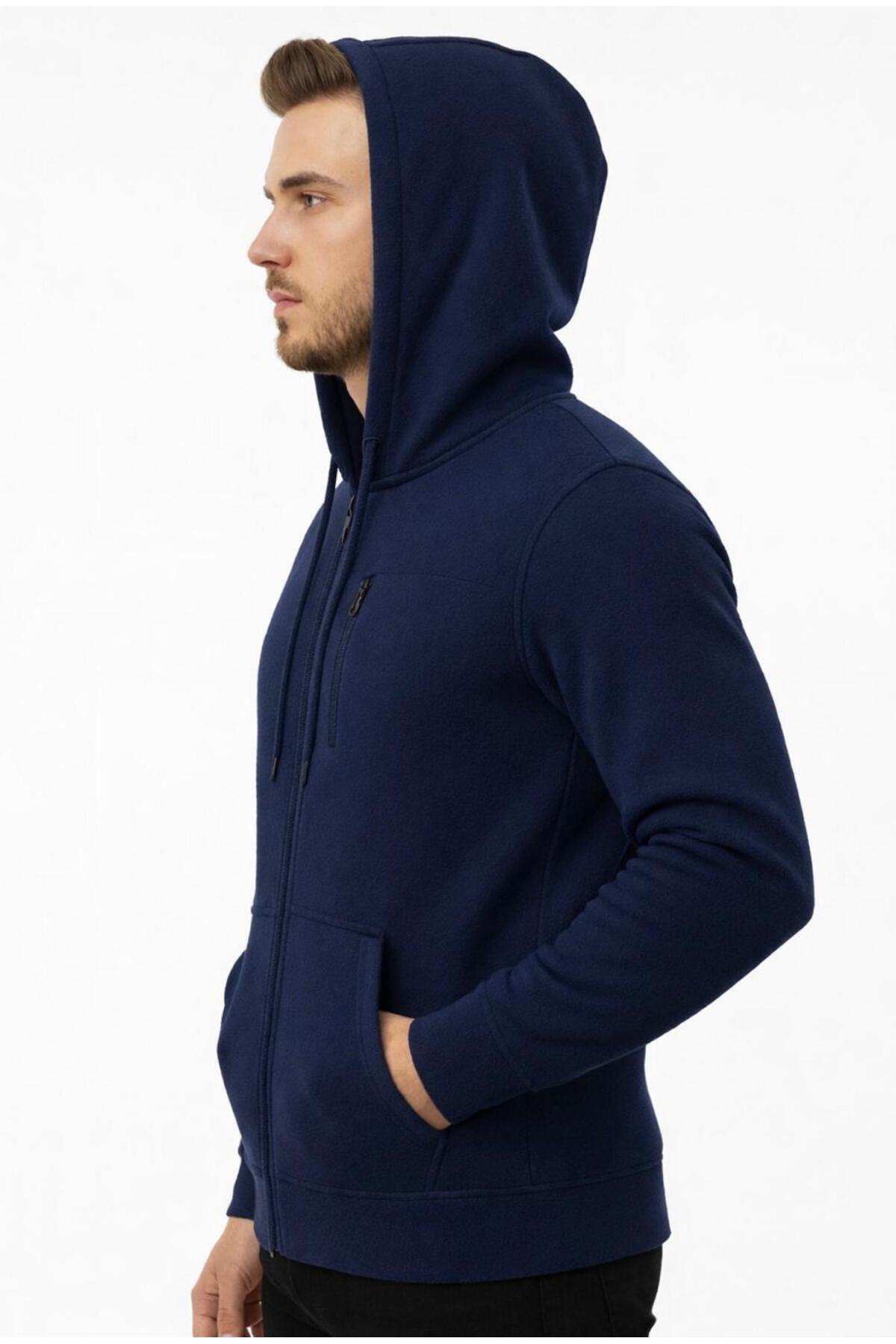 Erkek Polar Fermuarlı Kapüşonlu Sweatshirt-W1157