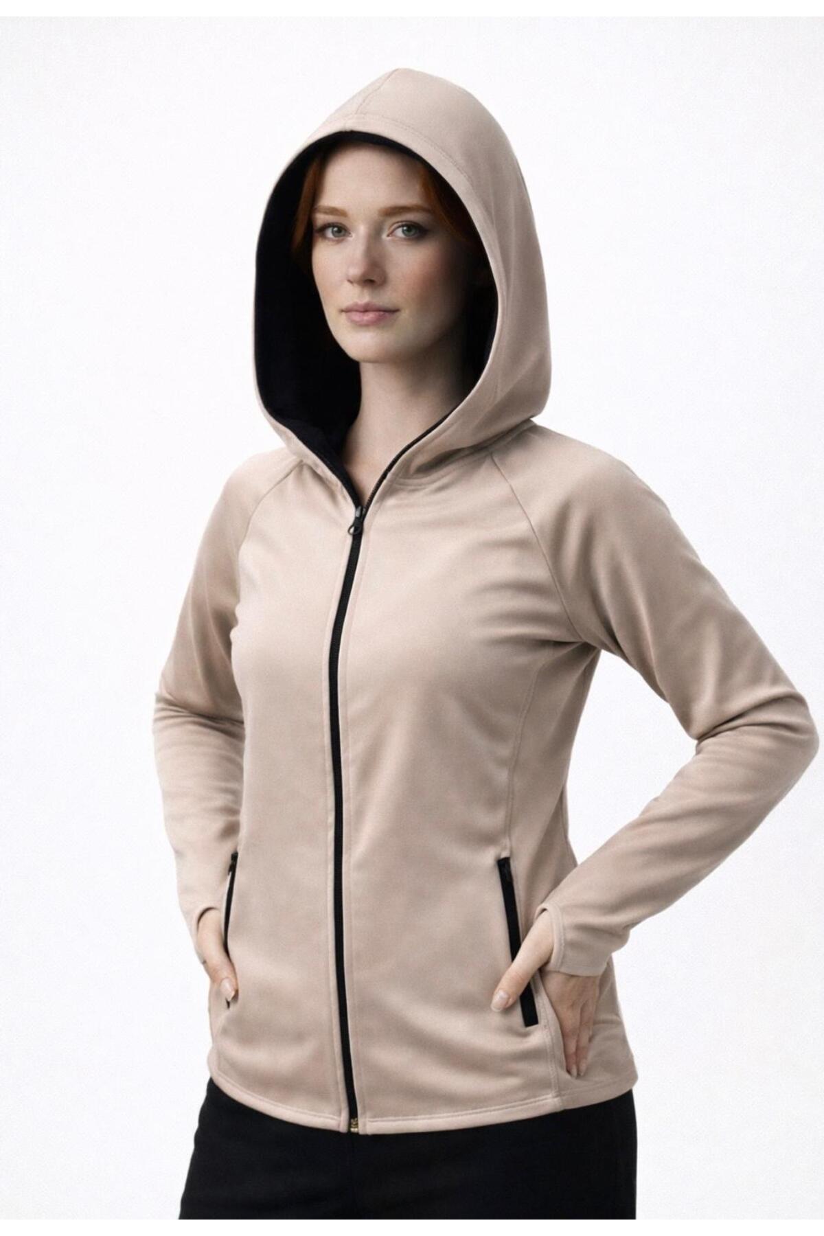 Kadın Şardonlu Dalgıç Sweatshirt Kapüşonlu-W1161