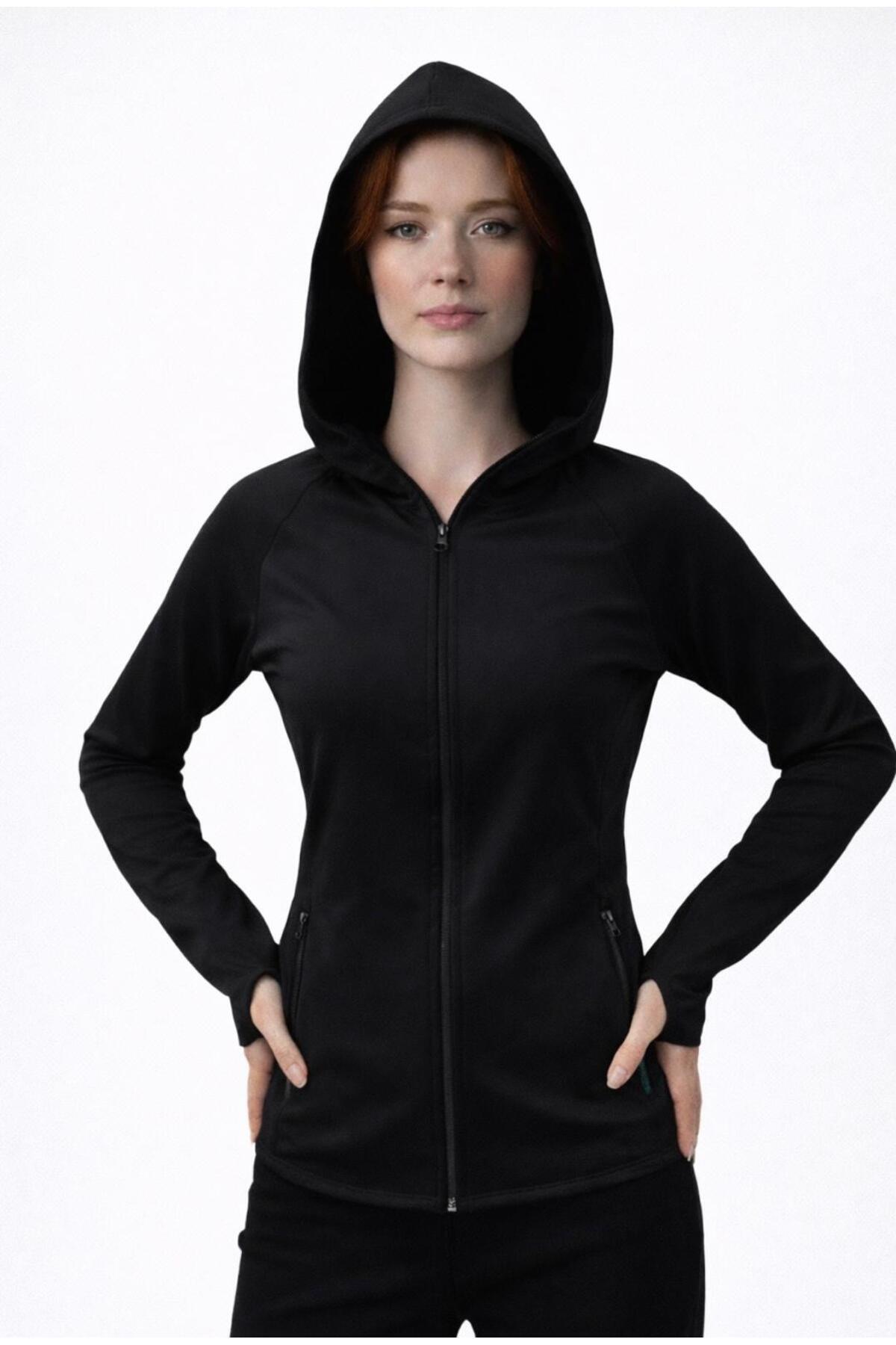 Kadın Şardonlu Dalgıç Sweatshirt Kapüşonlu-W1161