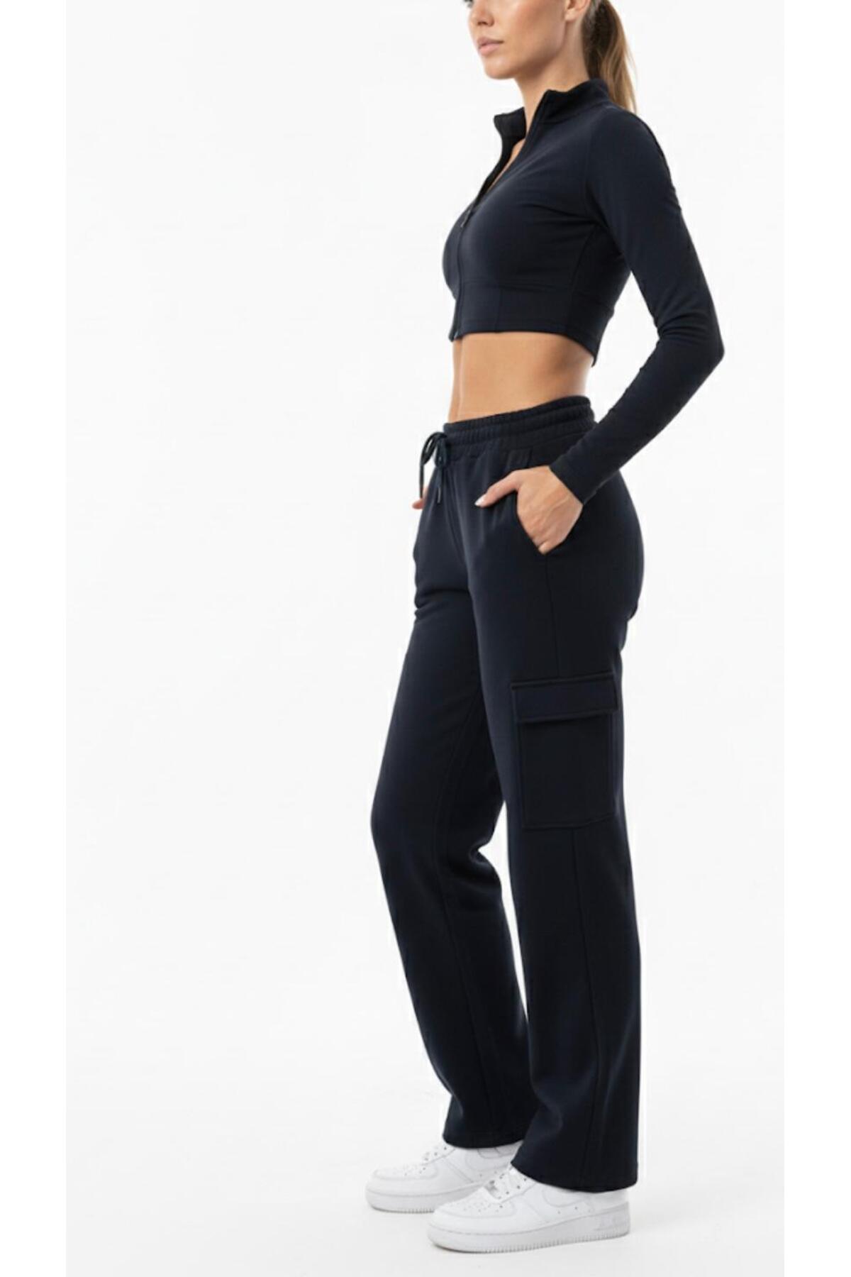 Kadın Oversize Geniş Kalıp 2 İplik Kargo Cepli Eşofman Altı-P2269
