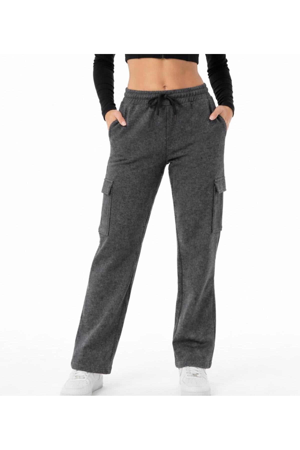 Kadın Oversize Geniş Kalıp 2 İplik Kargo Cepli Eşofman Altı-P2269
