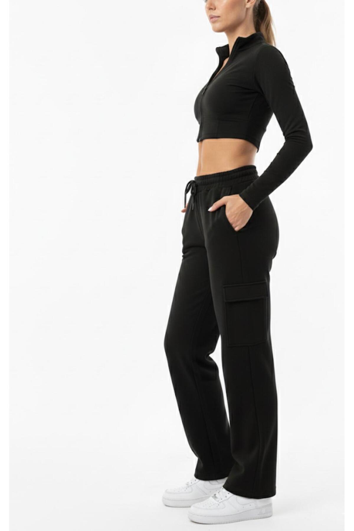 Kadın Oversize Geniş Kalıp 2 İplik Kargo Cepli Eşofman Altı-P2269